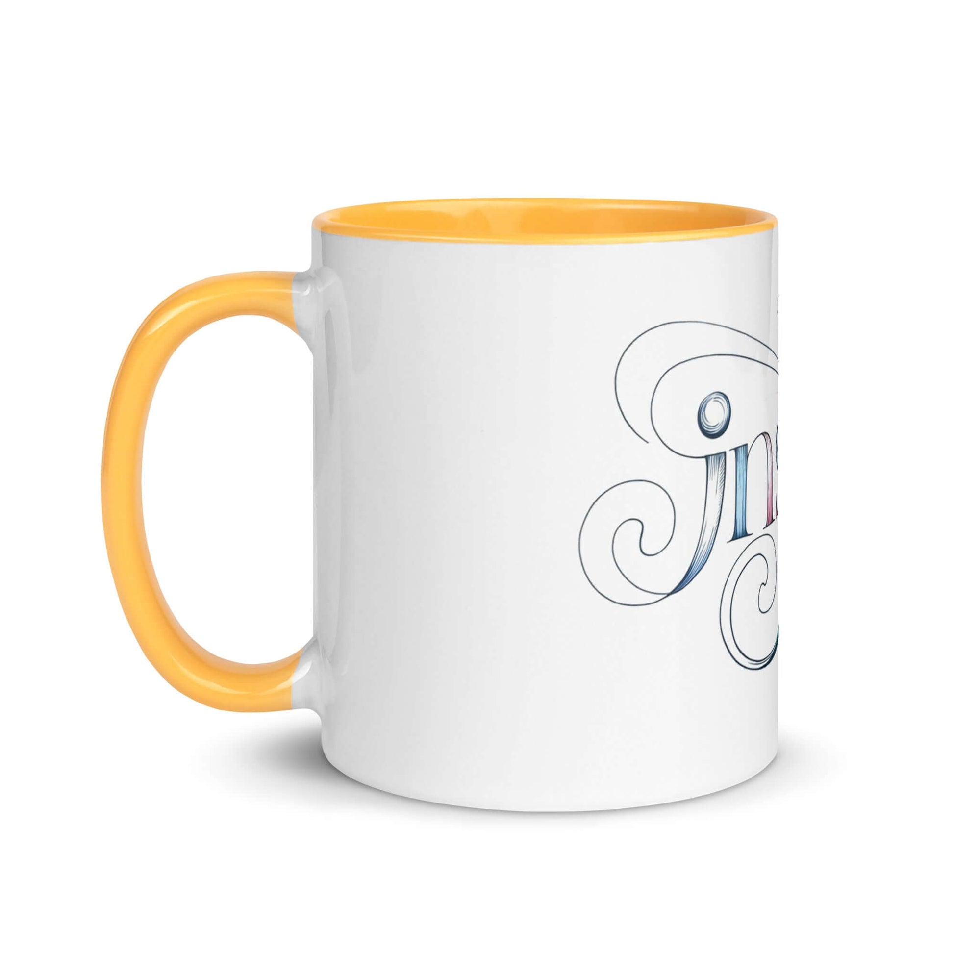 Inspire Sketch Mug with yellow interior and elegant word art design, perfect for brightening mornings and sparking creativity.