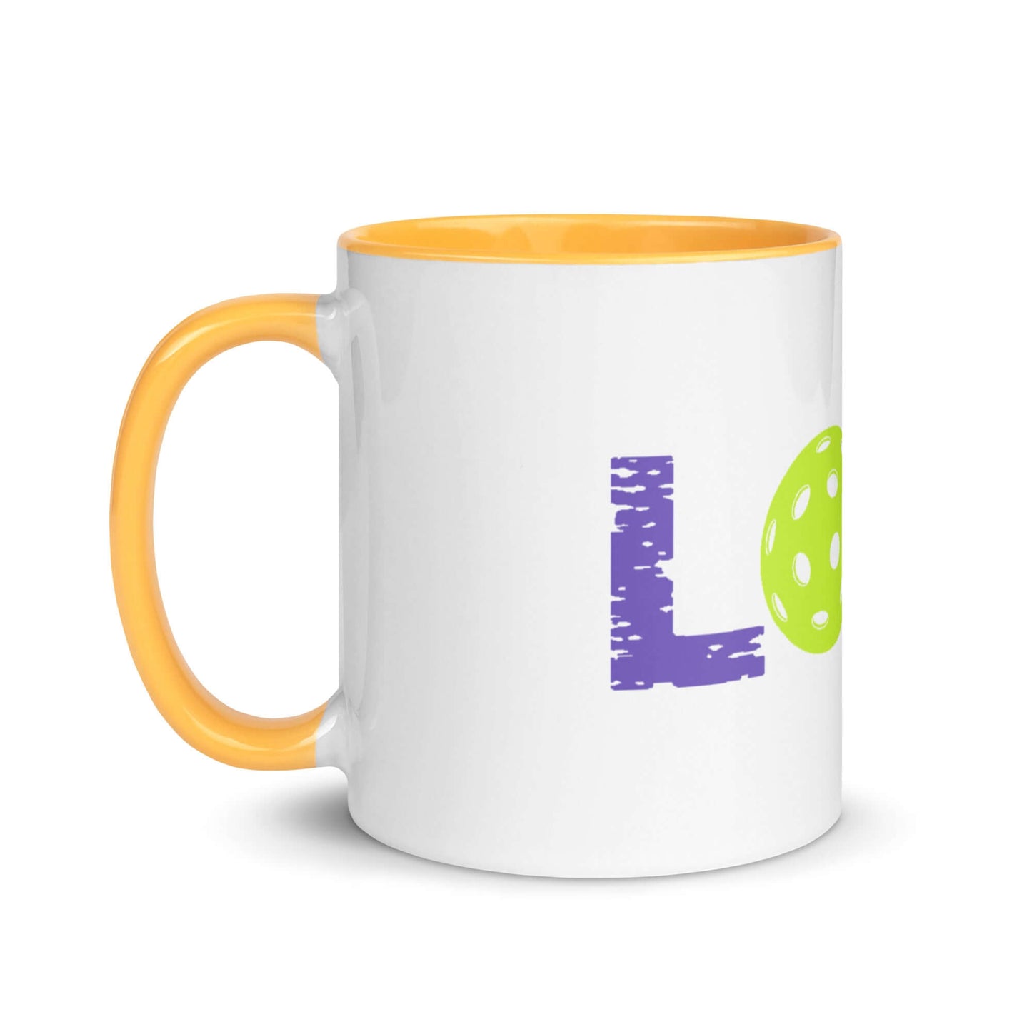 LOVE Pickleball Mug with colorful inner and playful design for pickleball enthusiasts.