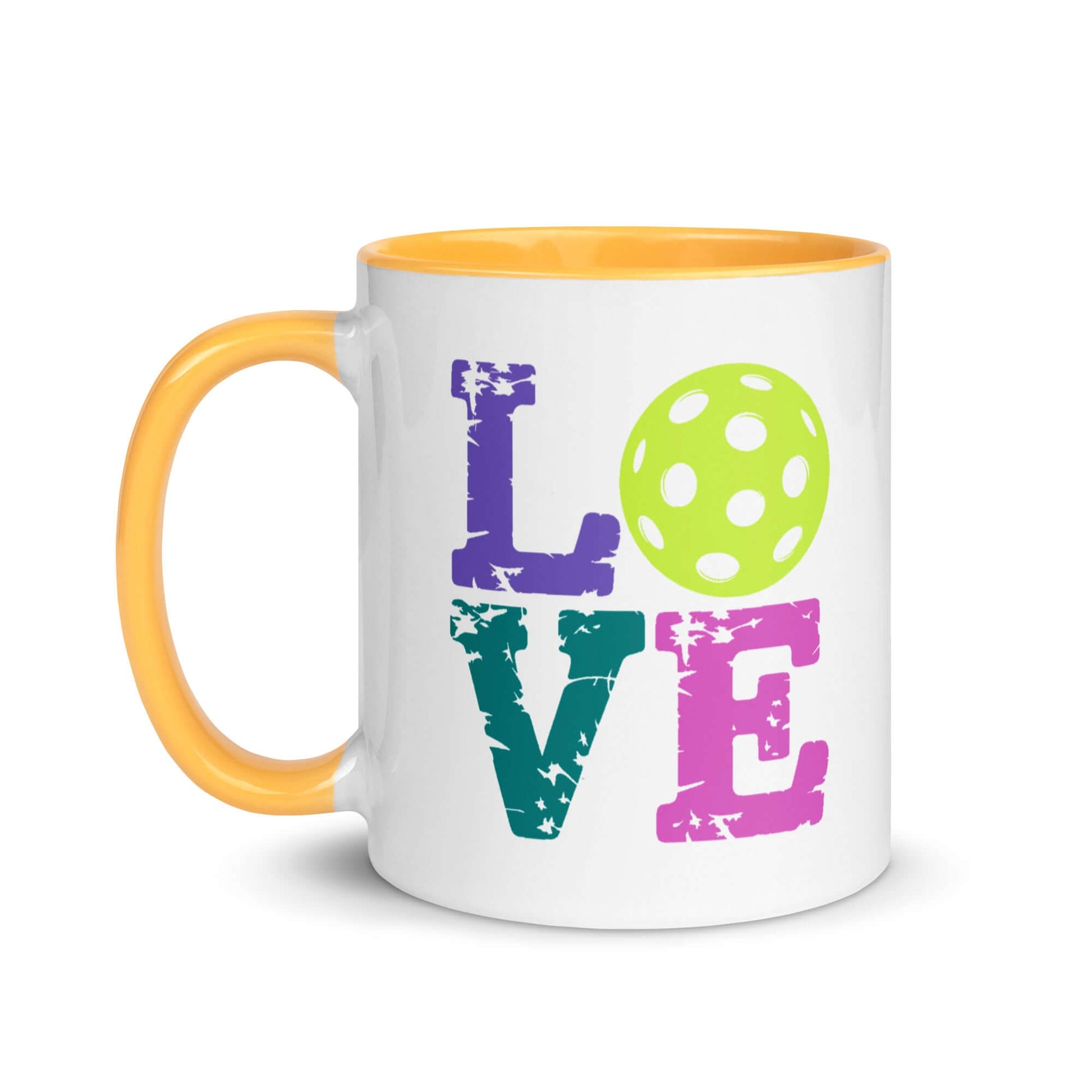 LOVE Pickleball Accent Mug with colorful design and yellow interior, perfect for sports enthusiasts.