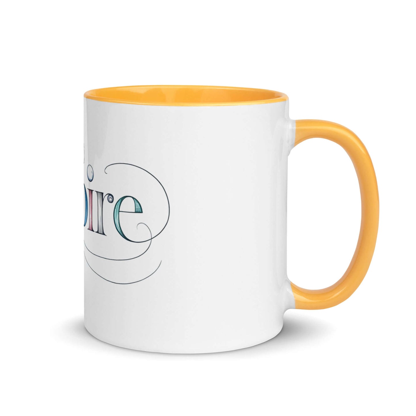 Inspire Sketch Mug with yellow interior and elegant word art design showcasing "Inspire" in vibrant colors.