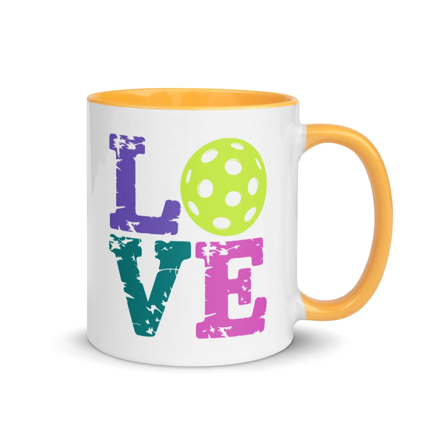 LOVE Pickleball Accent Mug with colorful letters and a green polka dot ball, perfect for pickleball enthusiasts.