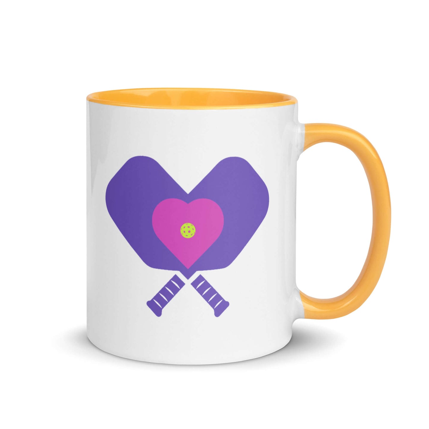 LOVE Pickleball Accent Mug featuring colorful heart and paddles design, perfect for pickleball enthusiasts.