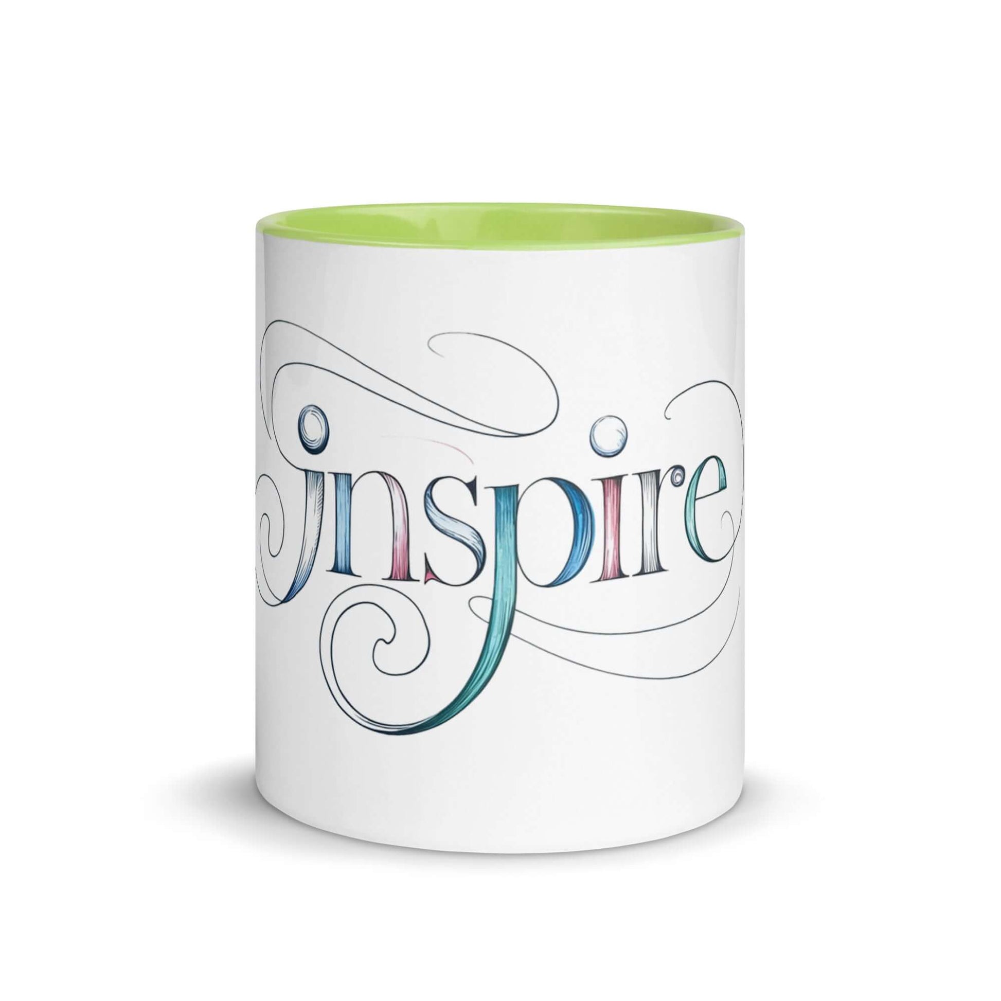 Inspire Sketch Mug with vibrant green interior showcasing artistic word art design celebrating creativity.