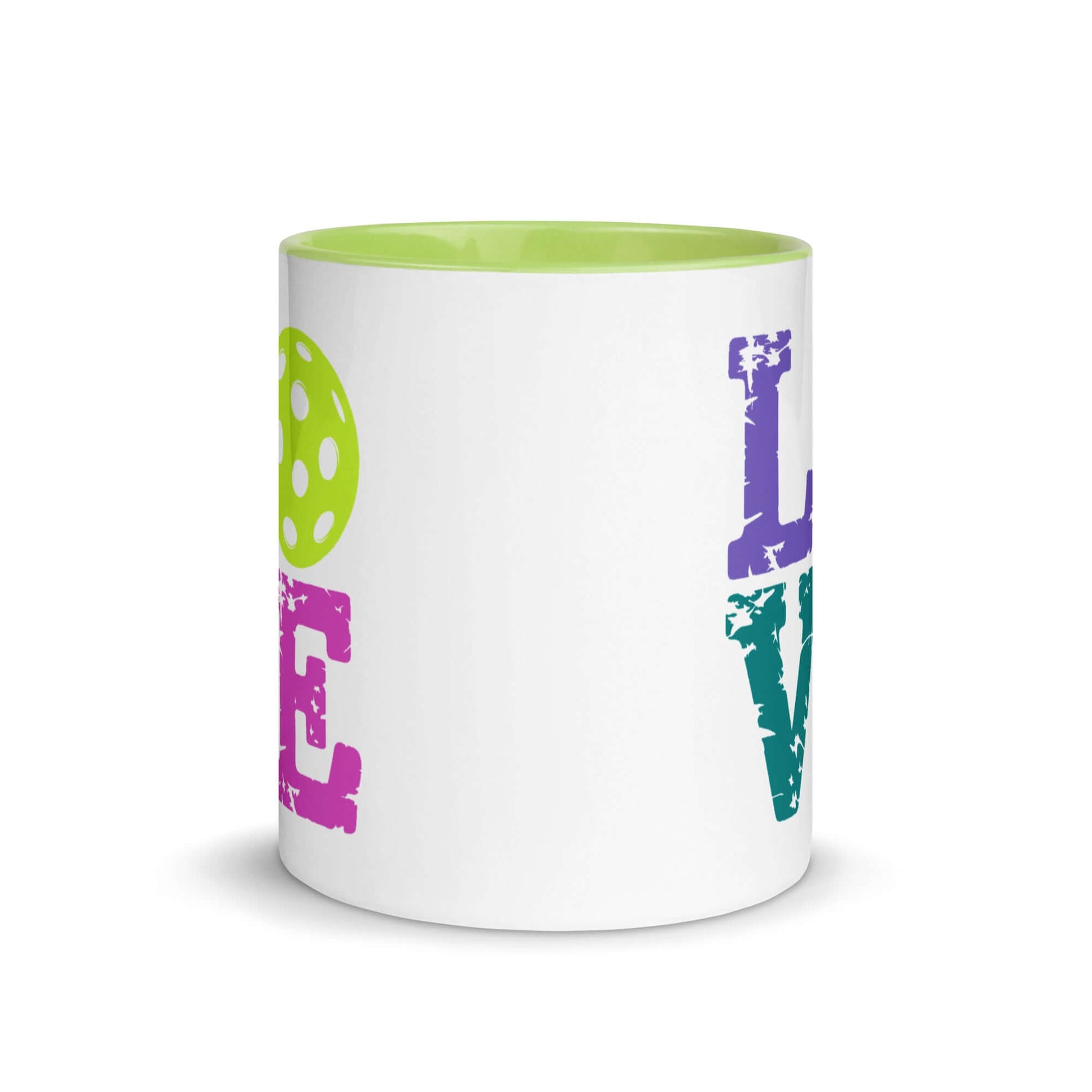 LOVE Pickleball Accent Mug featuring vibrant colors and a playful design for pickleball enthusiasts.