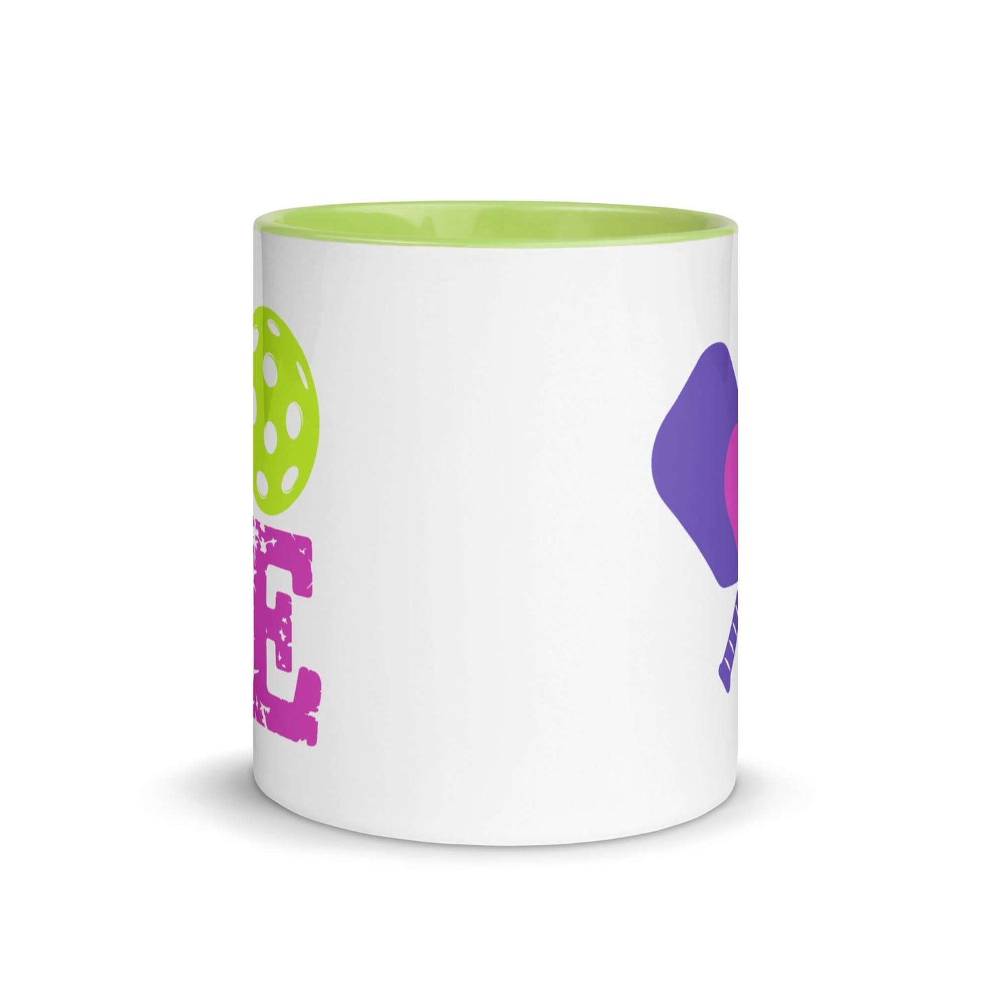 LOVE Pickleball Accent Mug with a vibrant design and green interior, perfect for pickleball enthusiasts.