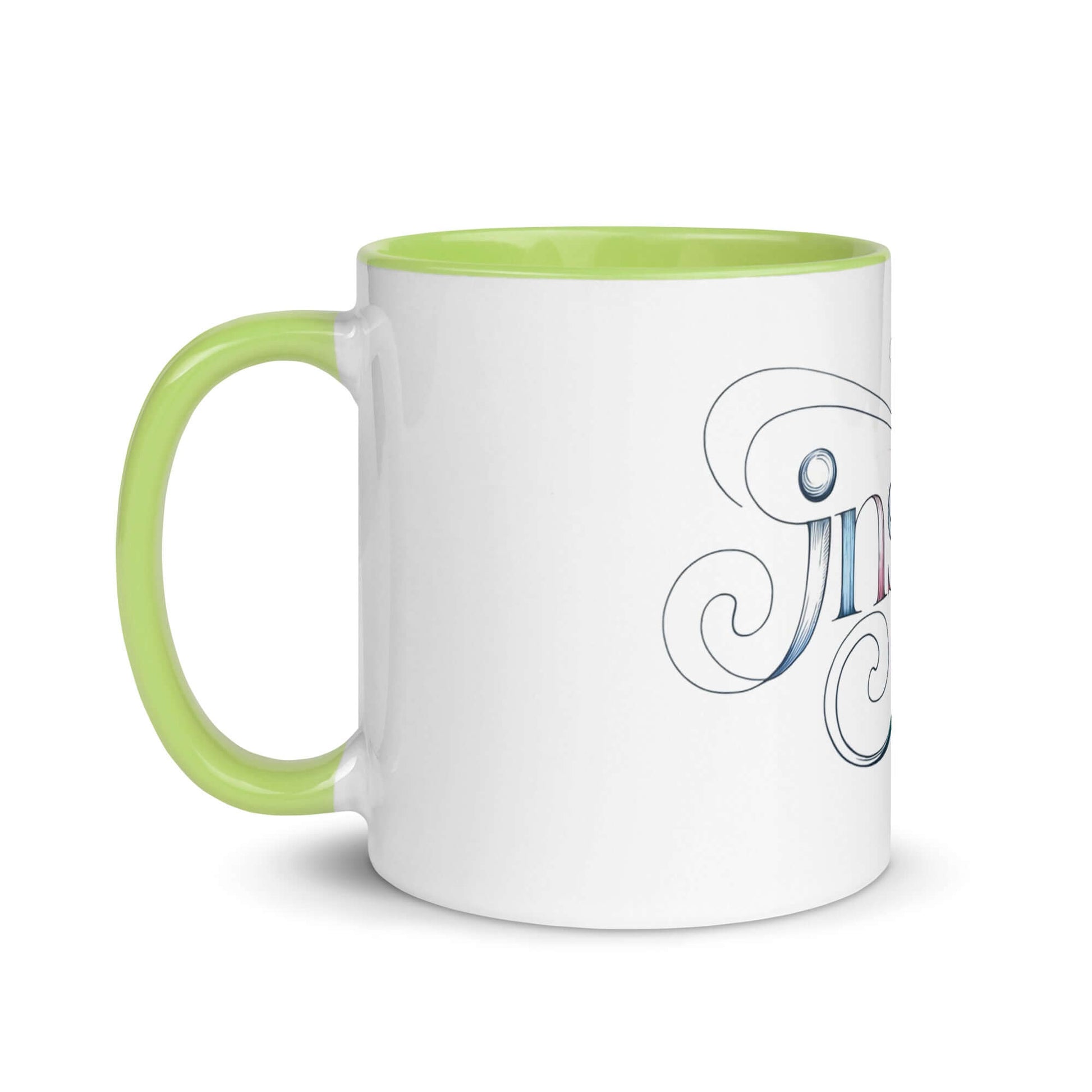 Inspire Sketch Mug with vibrant green interior, featuring elegant word art design symbolizing creativity.