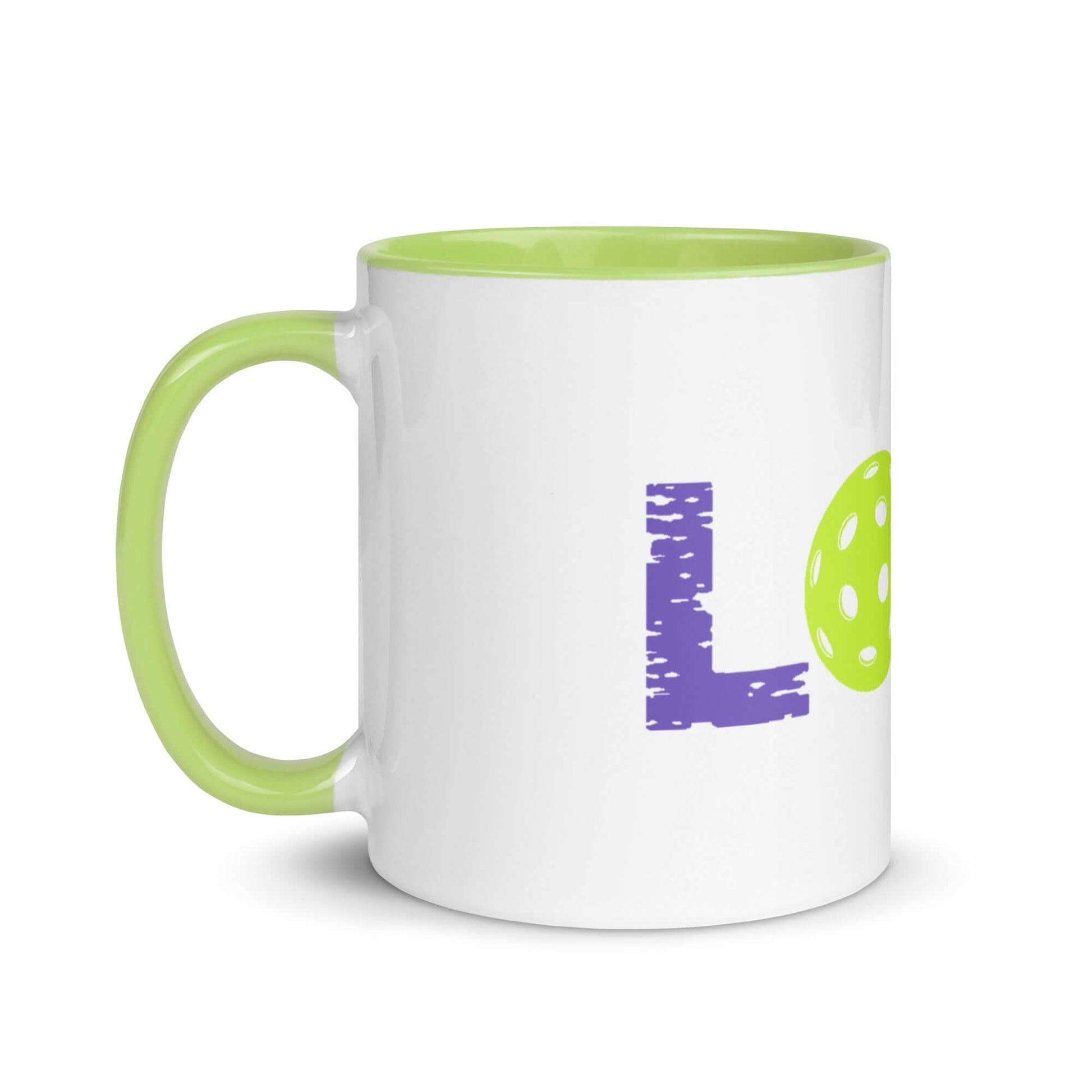 LOVE Pickleball Mug with green interior and vibrant lettering, perfect for pickleball fans.