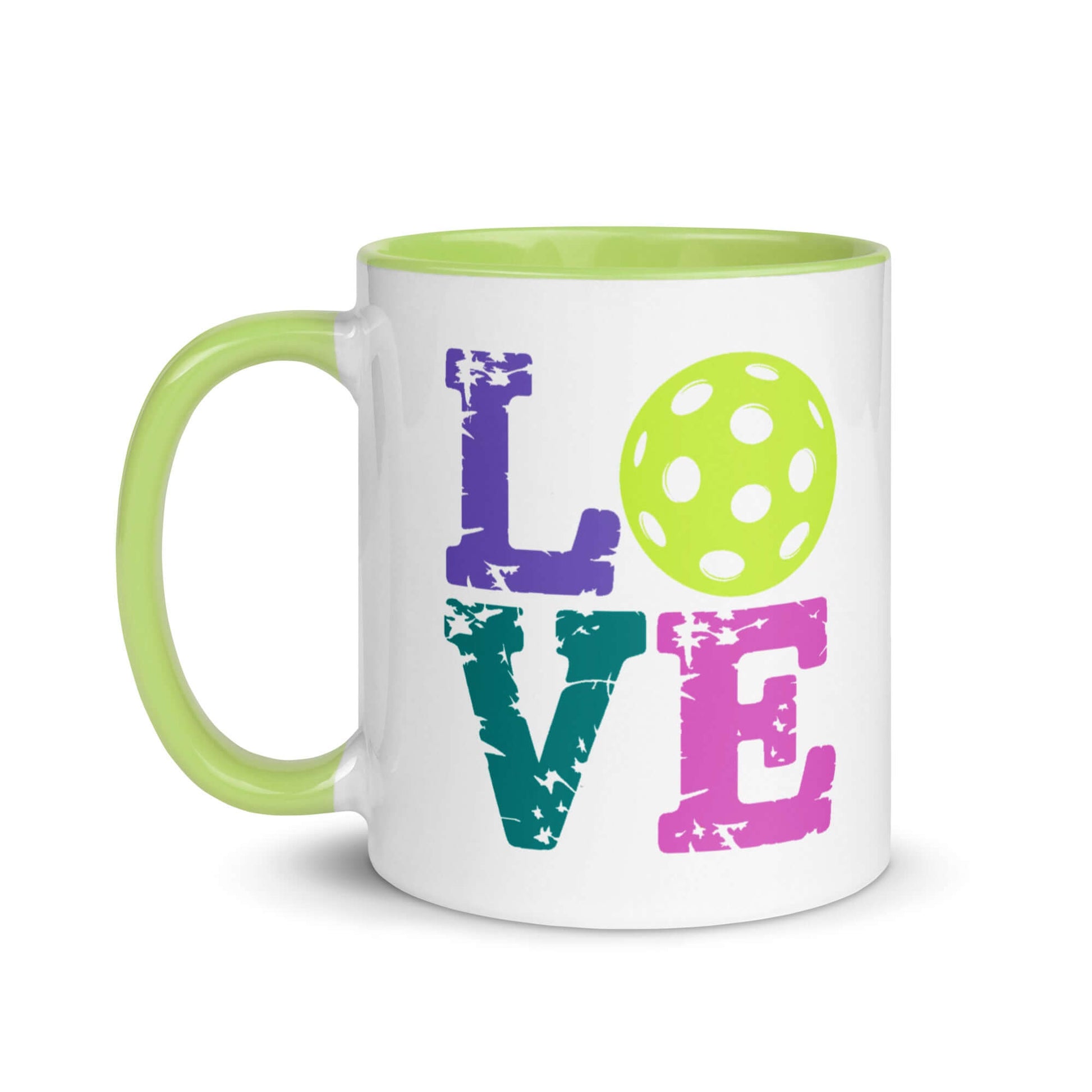 Colorful LOVE Pickleball accent mug with green interior and playful design for morning coffee or tea.