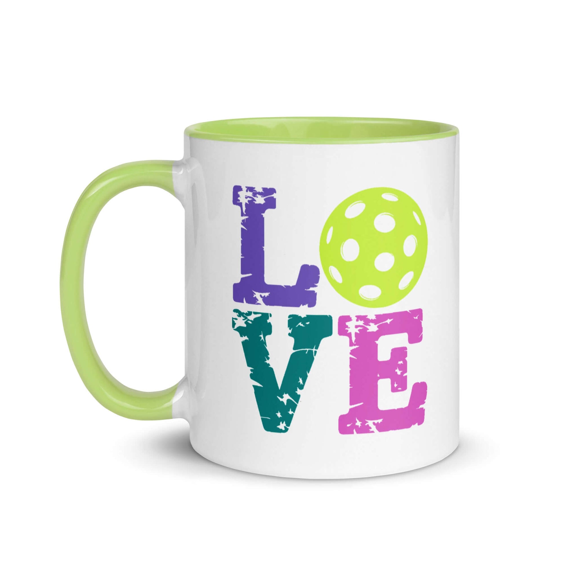 LOVE Pickleball Accent Mug with vibrant colors and playful design, perfect for beverage enjoyment and pickleball enthusiasts.