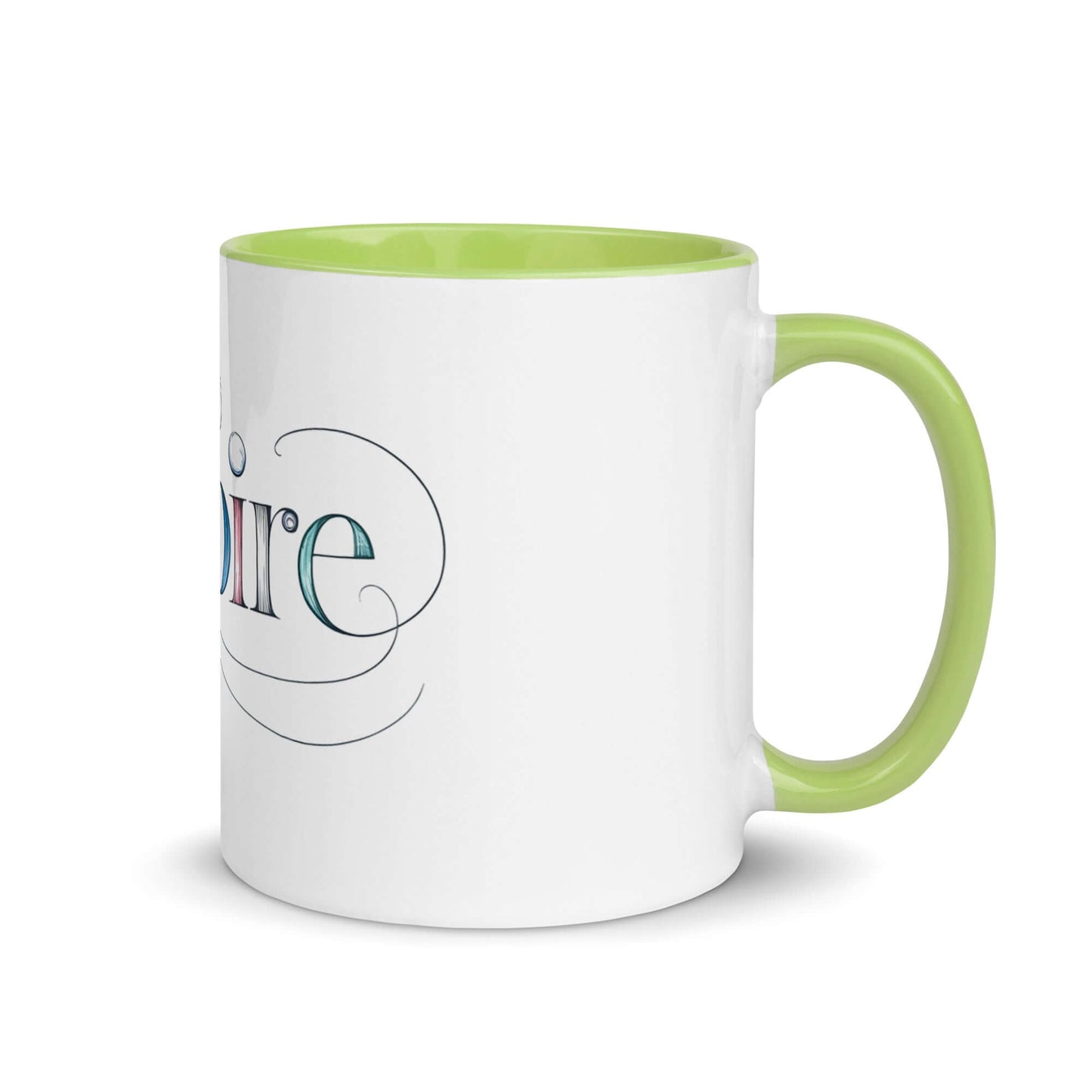 Inspire Sketch Mug with green interior, featuring artistic word art design and intricate swirls, perfect for vibrant mornings.