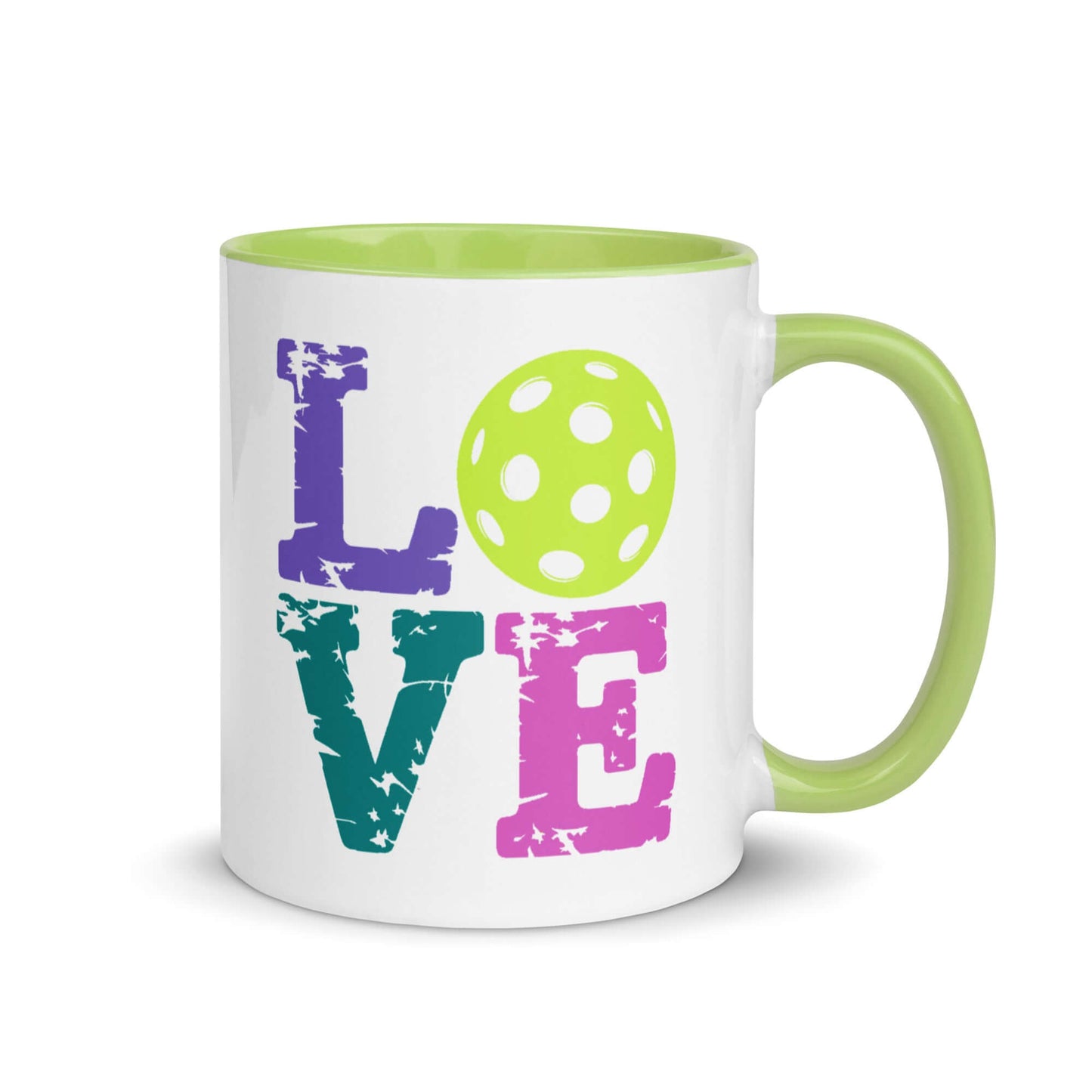 LOVE Pickleball Accent Mug in colorful design with green interior and polka dot ball.