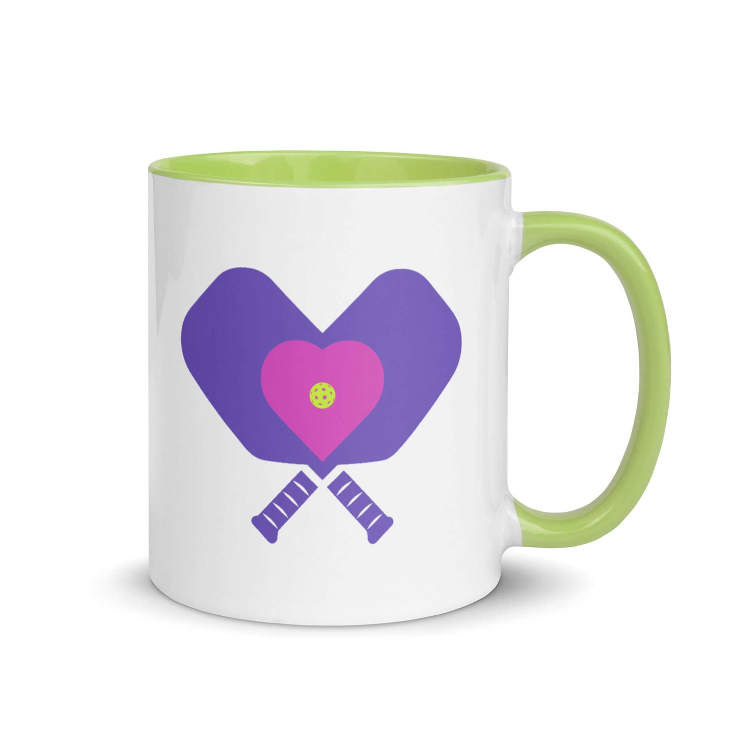 LOVE Pickleball Accent Mug with heart design and green handle, perfect for pickleball enthusiasts.