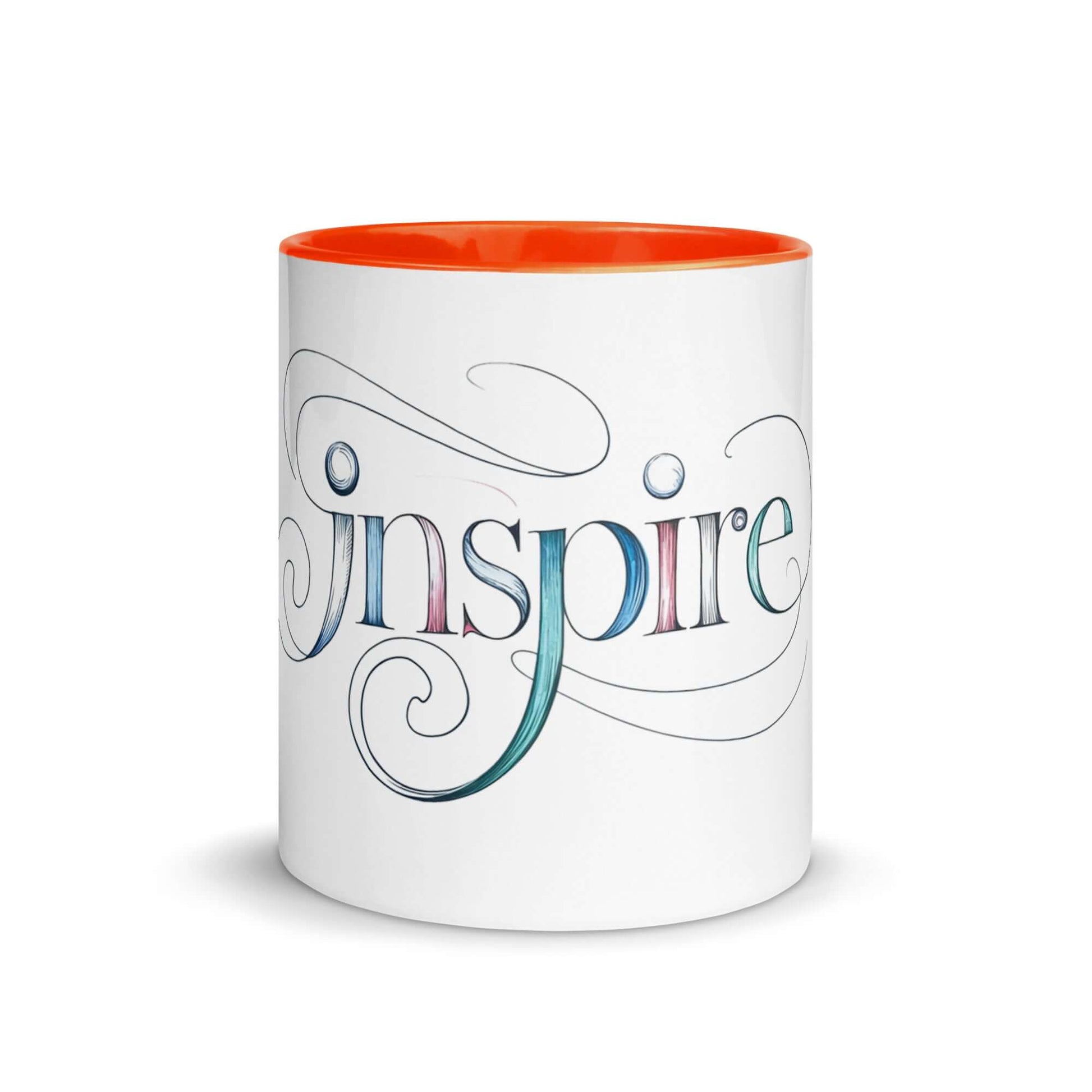 Inspire Sketch Mug with vibrant orange interior, featuring elegant word art design and intricate swirling patterns.