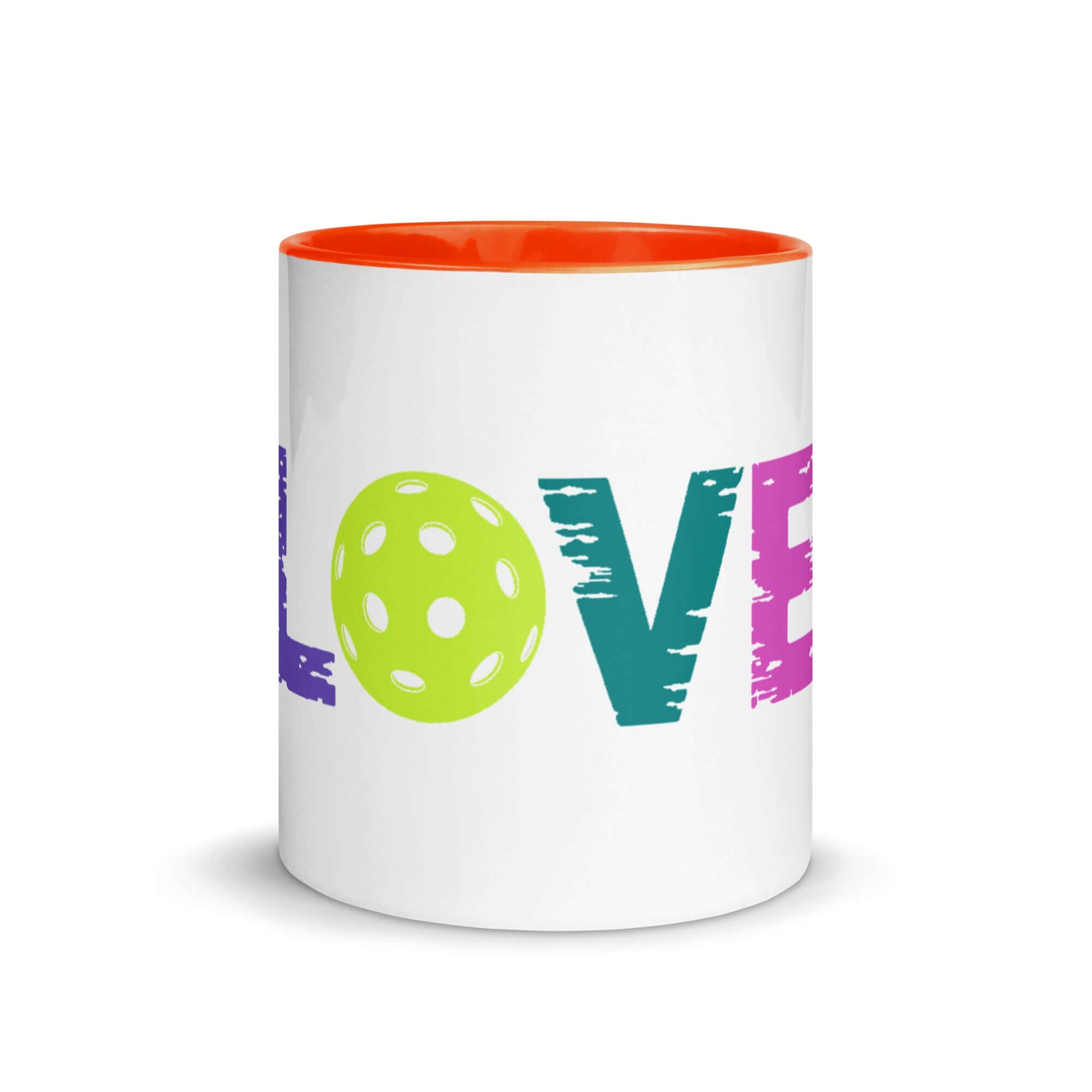 LOVE Pickleball Mug with colorful letters and a green pickleball graphic, perfect for energetic morning drinks.