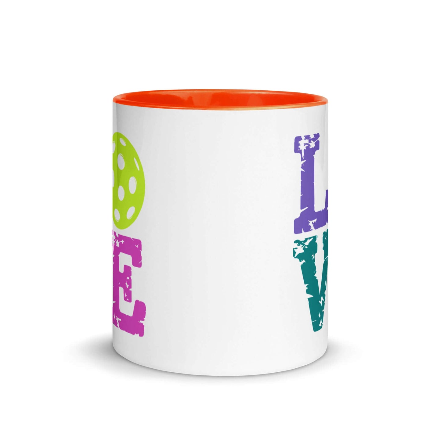 LOVE Pickleball Accent Mug with bright colors and a glossy finish, perfect for coffee or tea lovers.