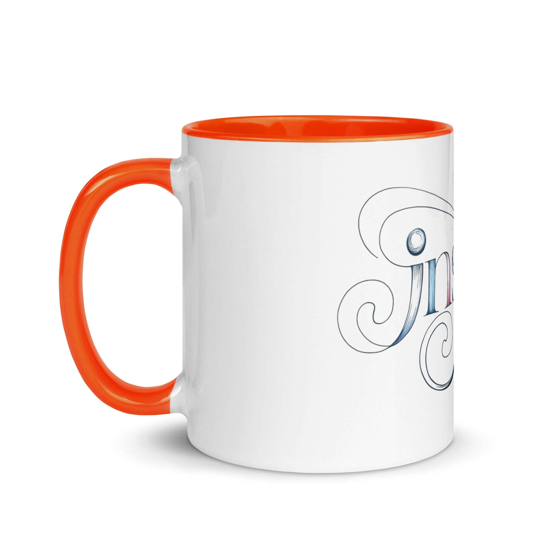 Inspire Sketch Mug with vibrant orange inside and elegant word art design featuring "Inspire" in intricate patterns.