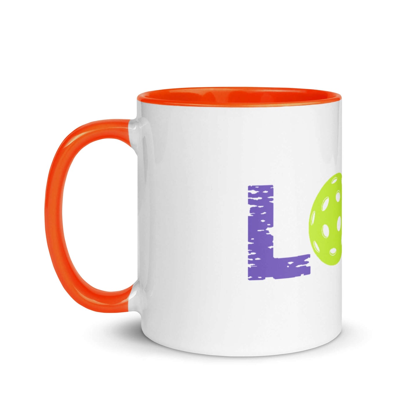 LOVE Pickleball Mug with vibrant orange interior and colorful design, perfect for fans of the sport.