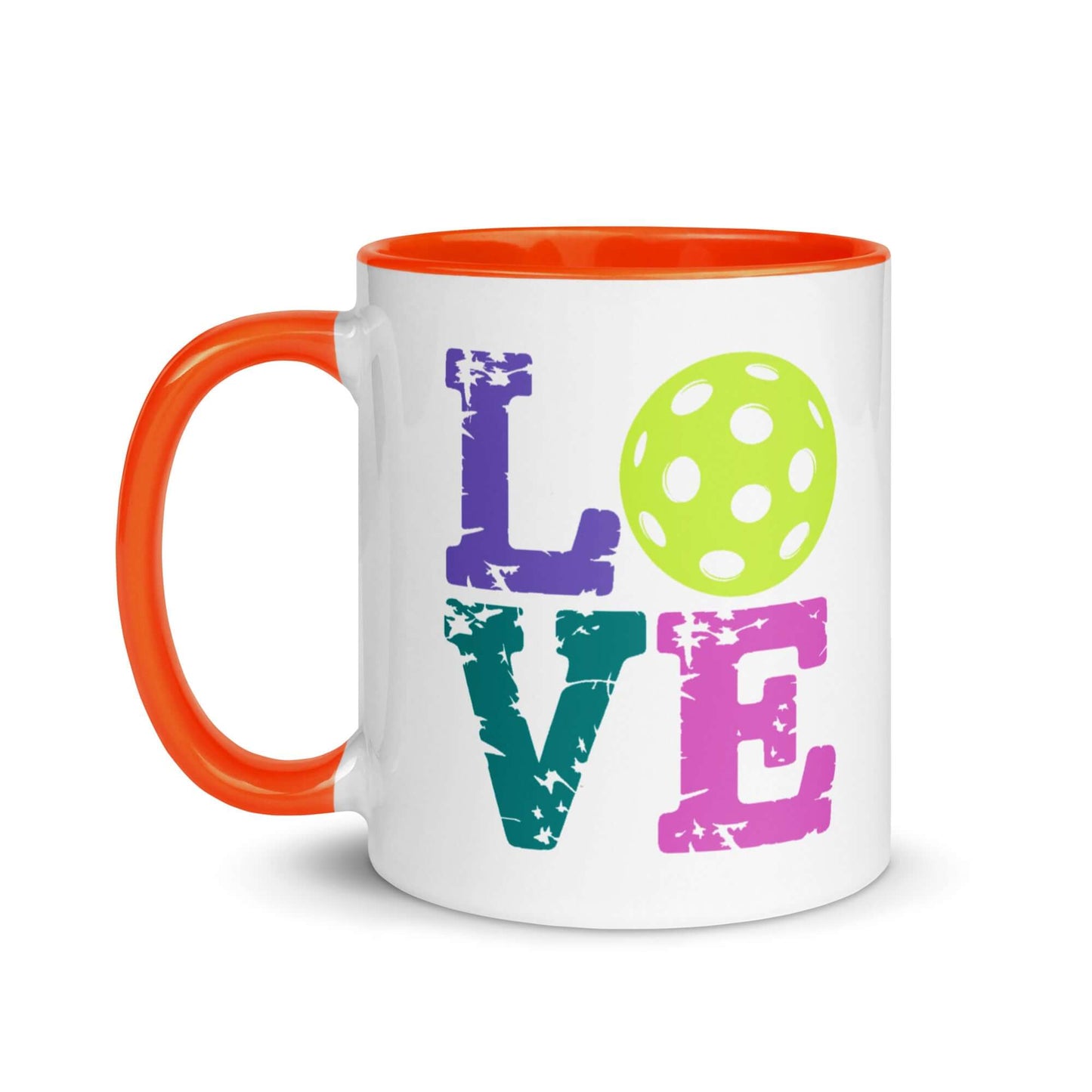 LOVE Pickleball Accent Mug with colorful design and orange handle, perfect for pickleball enthusiasts.