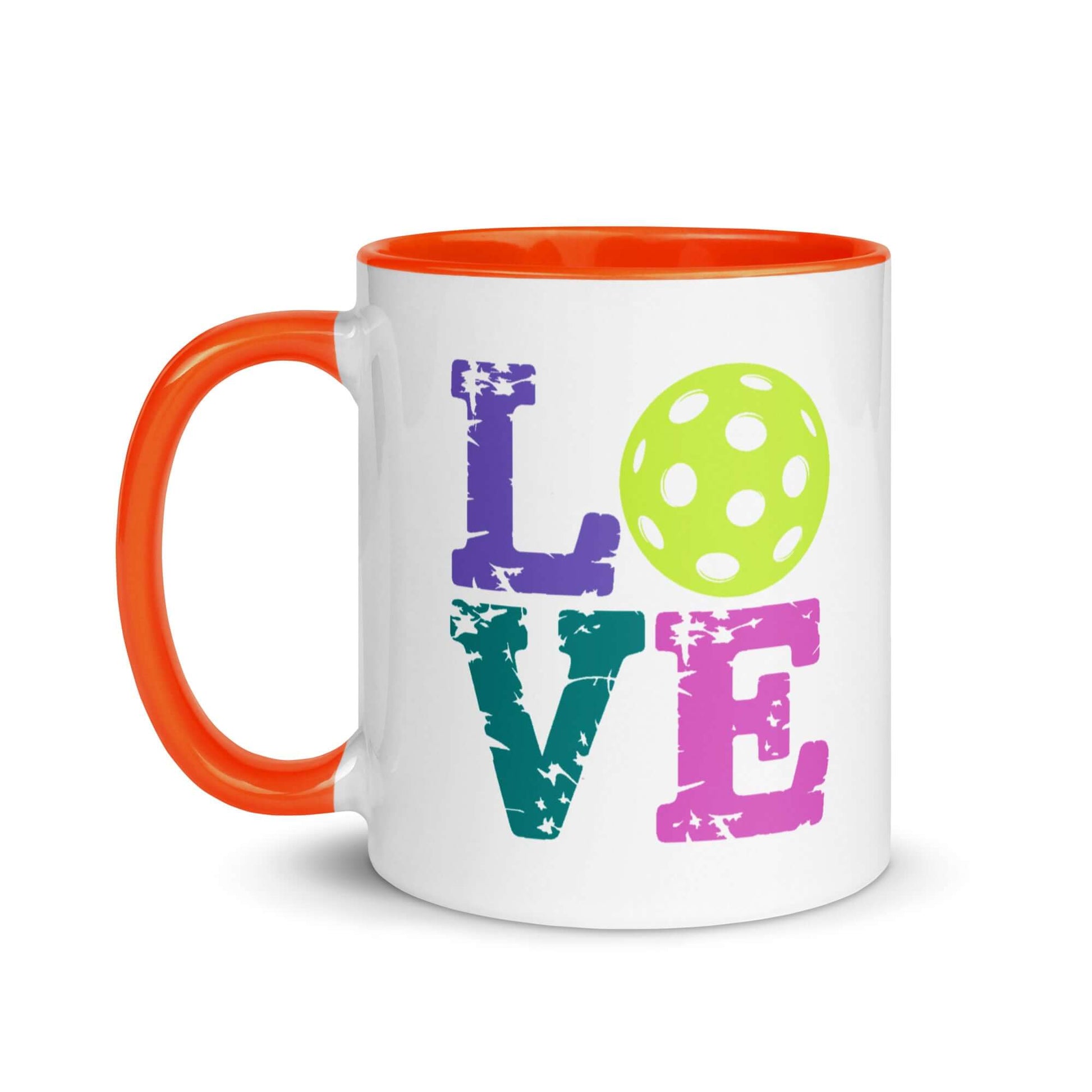 Vibrant LOVE Pickleball Accent Mug with colorful letters and green polka dot ball design.