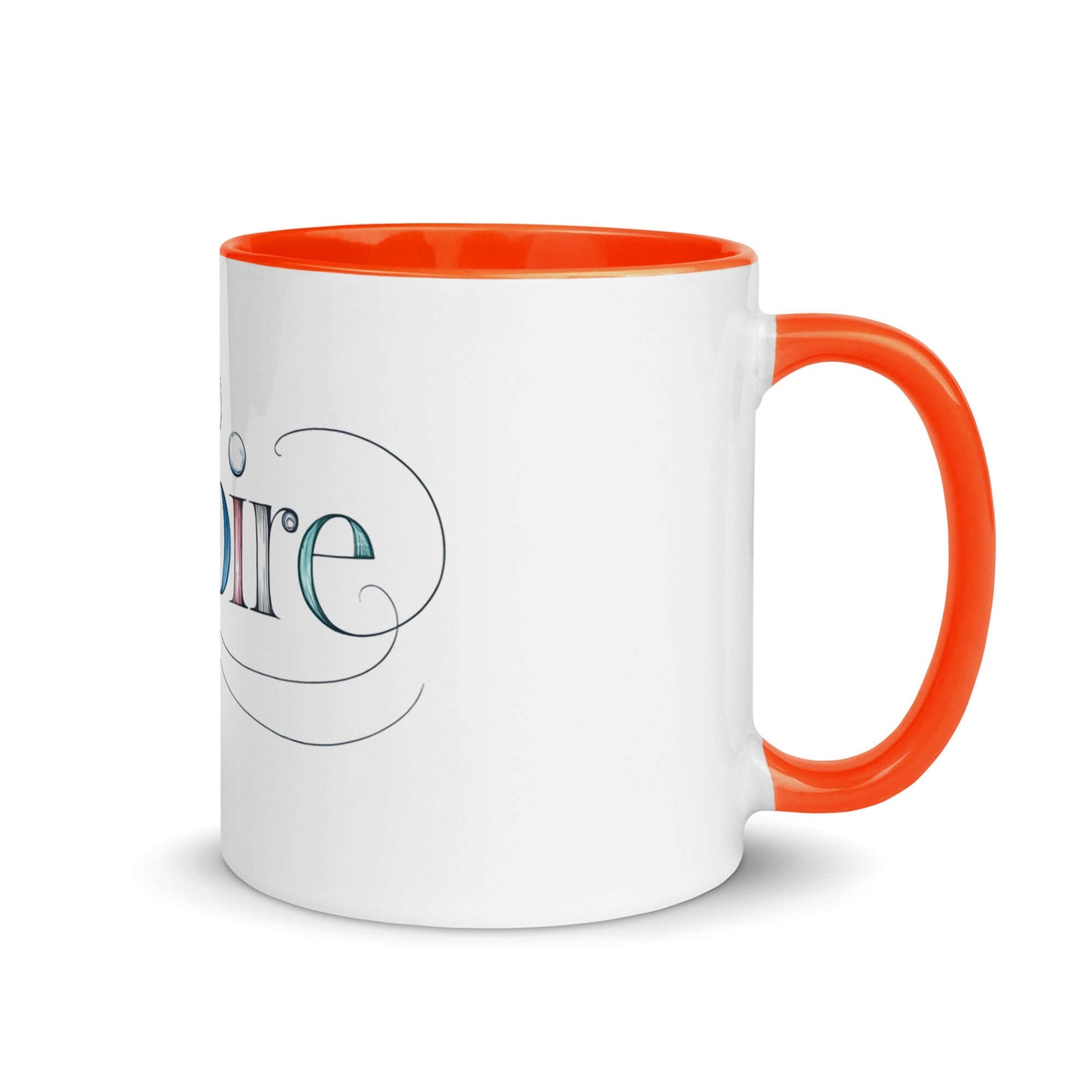 Inspire Sketch Mug with vibrant orange interior, elegantly displaying the word "Inspire" in artistic design.