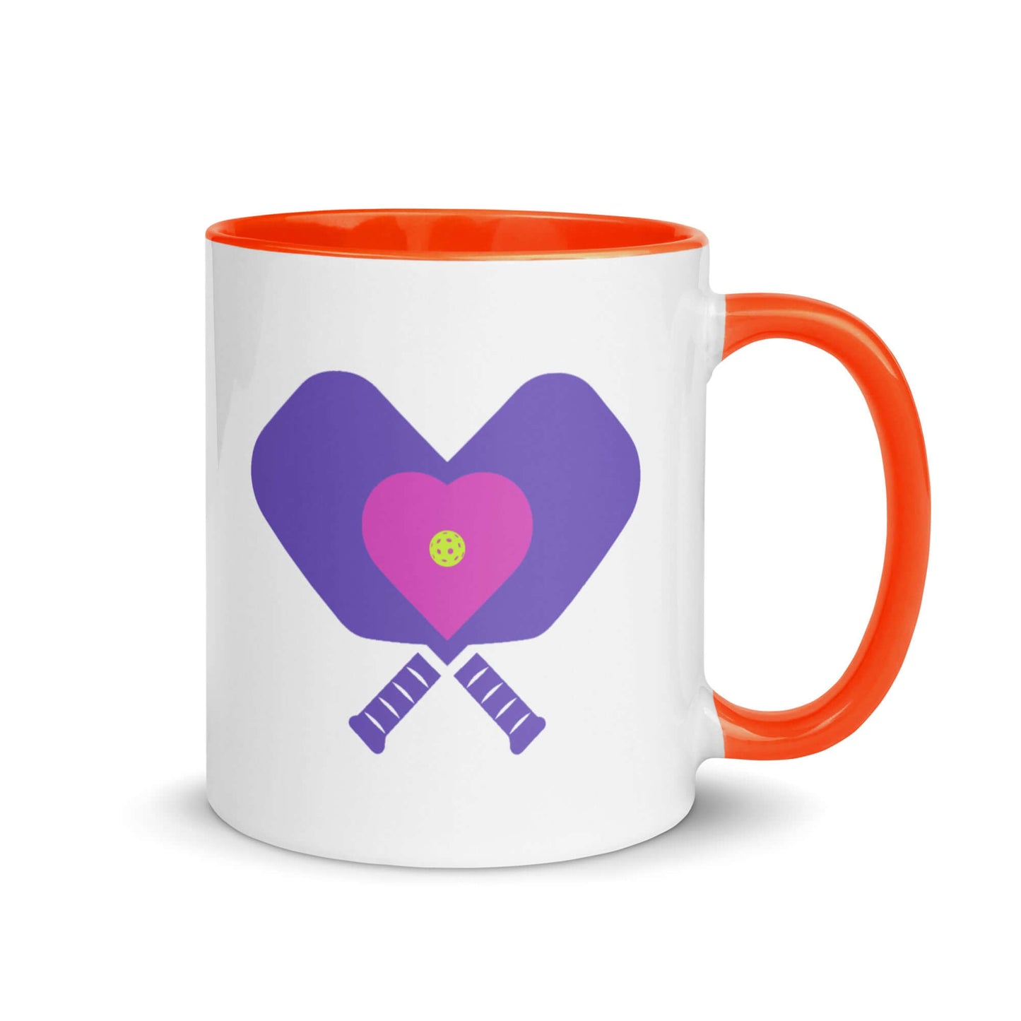 LOVE Pickleball Accent Mug featuring heart and paddle graphics in vibrant colors.