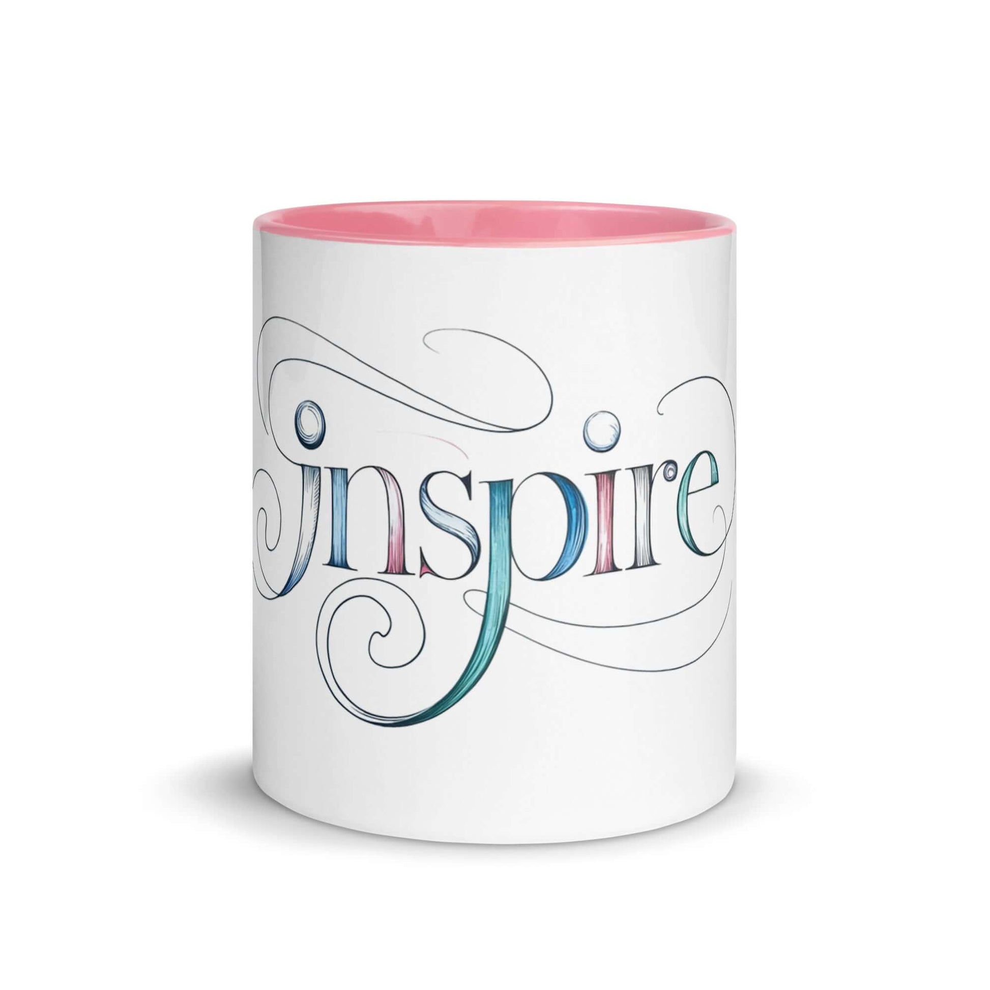 Inspire Sketch Mug with vibrant pink interior and elegant word art design showcasing the word "Inspire."