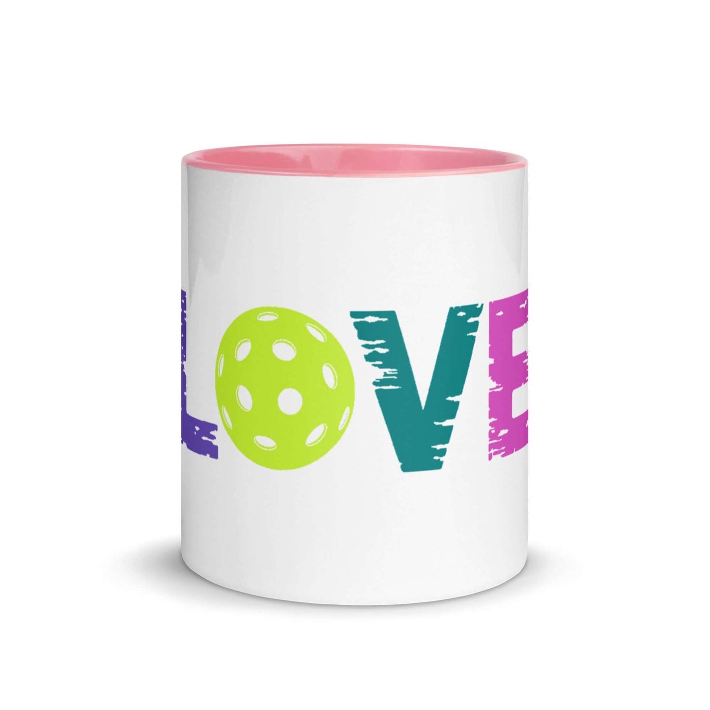 LOVE Pickleball Mug with vibrant colors and a playful design, perfect for pickleball enthusiasts.