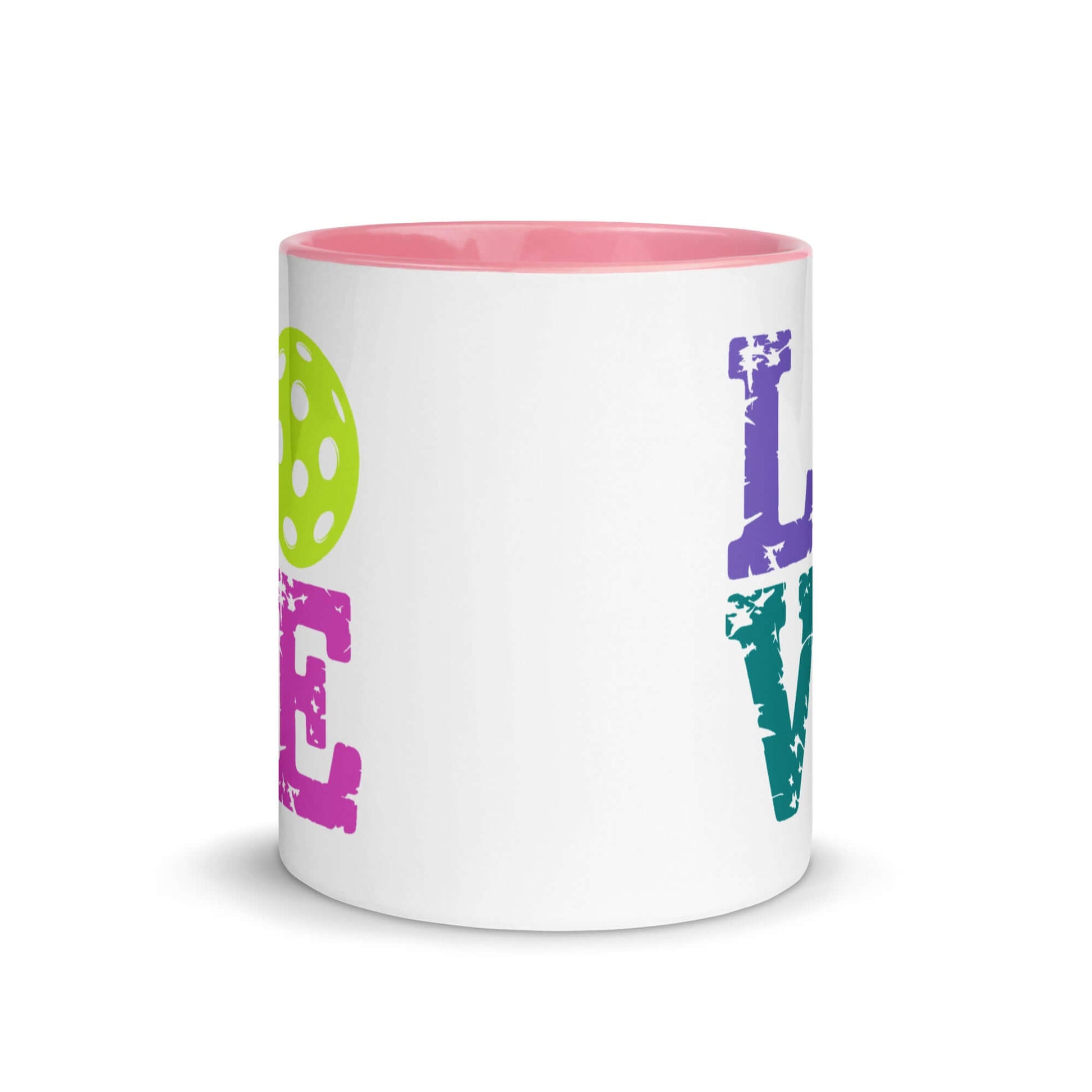 LOVE Pickleball Accent Mug featuring vibrant colors and a fun design, ideal for coffee and tea lovers.