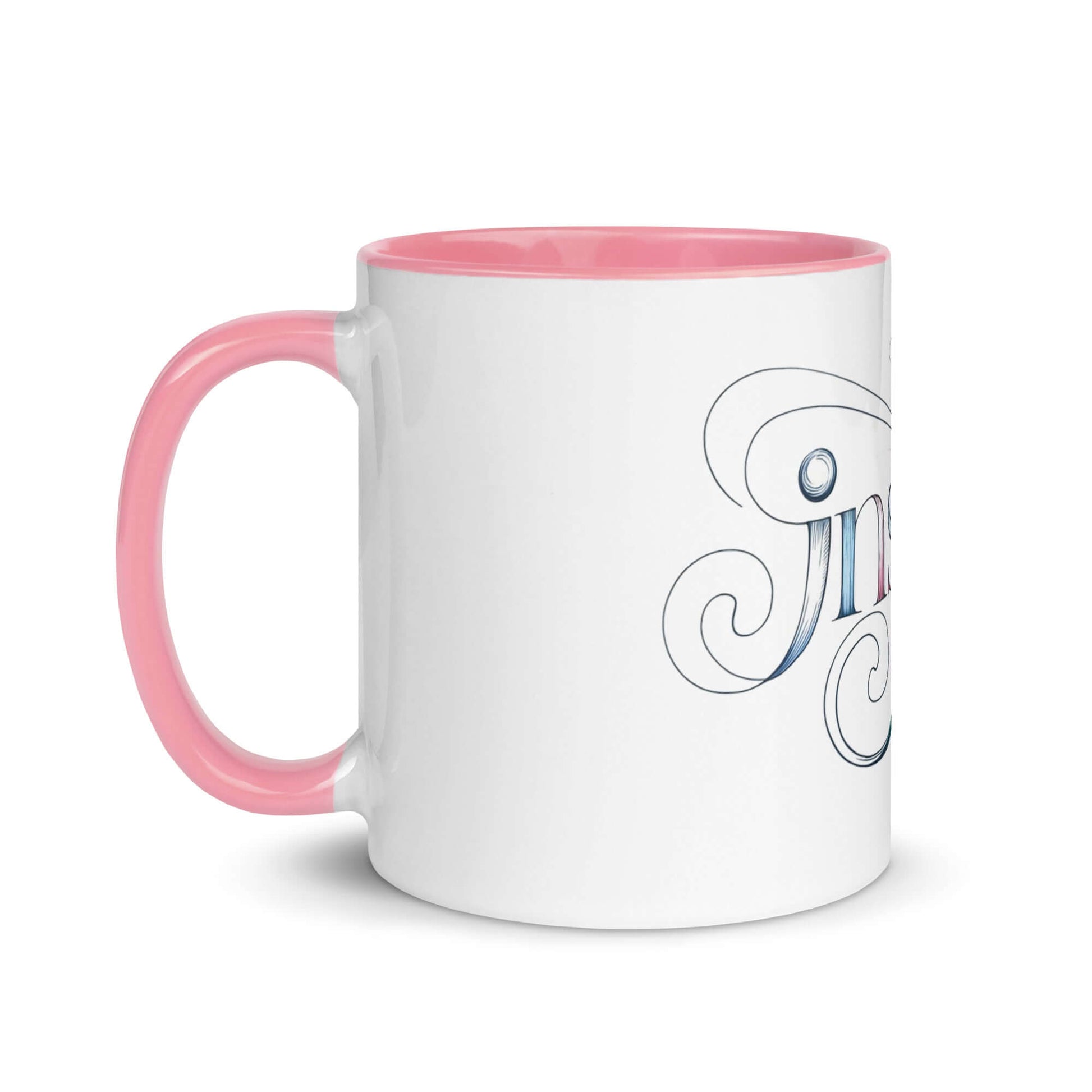 Inspire Sketch Mug with pink interior, featuring elegant word art design symbolizing creativity and vibrant mornings.