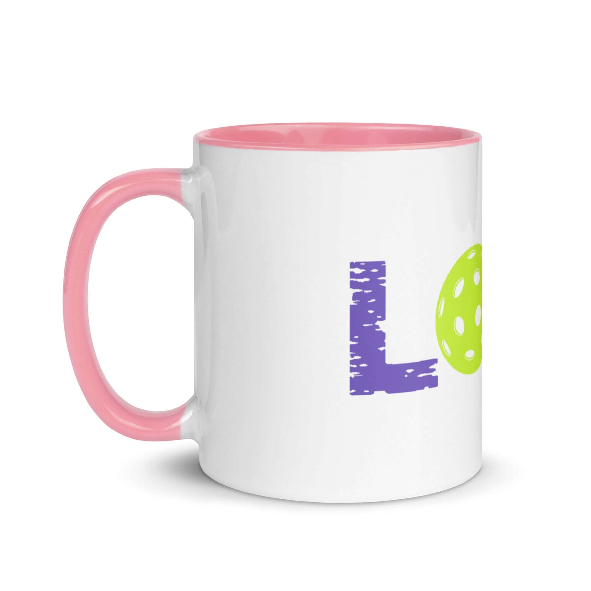 LOVE Pickleball Mug with colorful design, pink handle, ideal for pickleball fans to enjoy their favorite drinks.