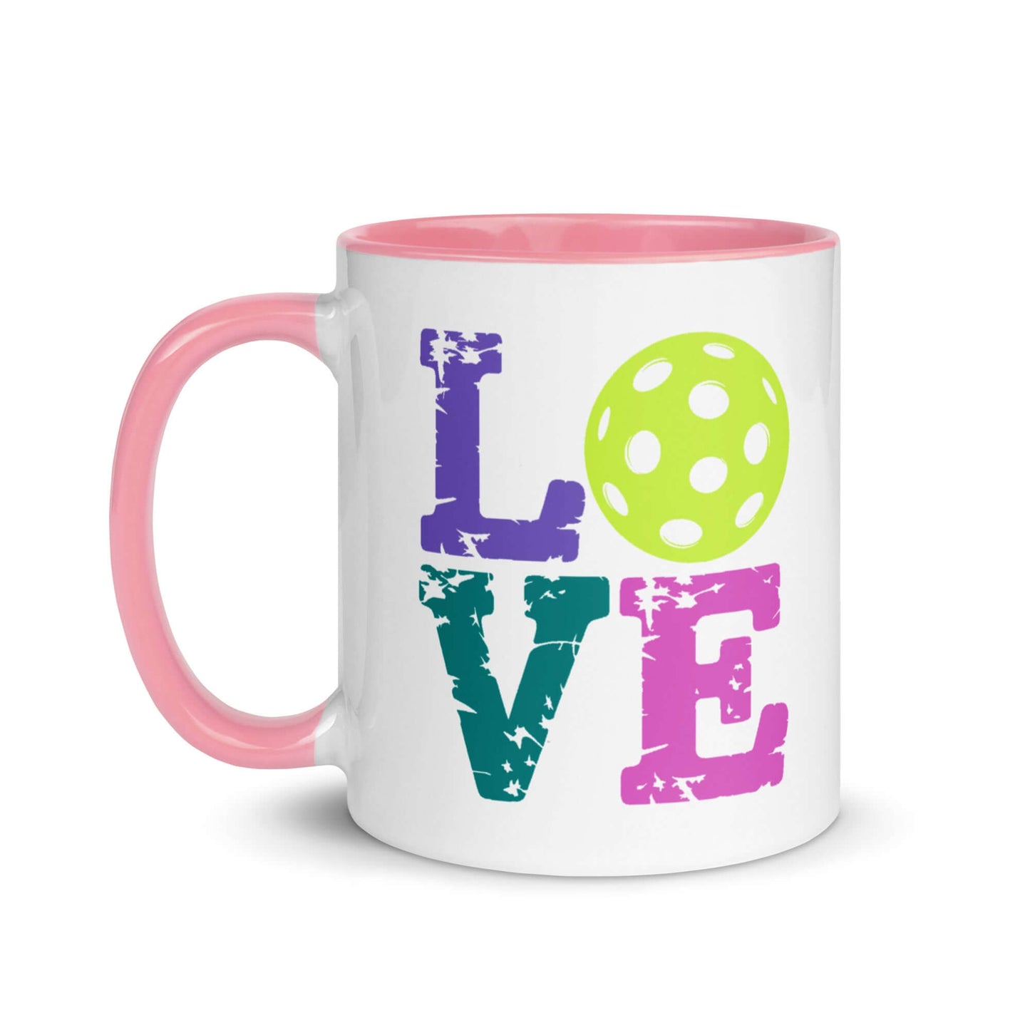 LOVE Pickleball Accent Mug with colorful letters and polka dot ball design, perfect for sports enthusiasts.