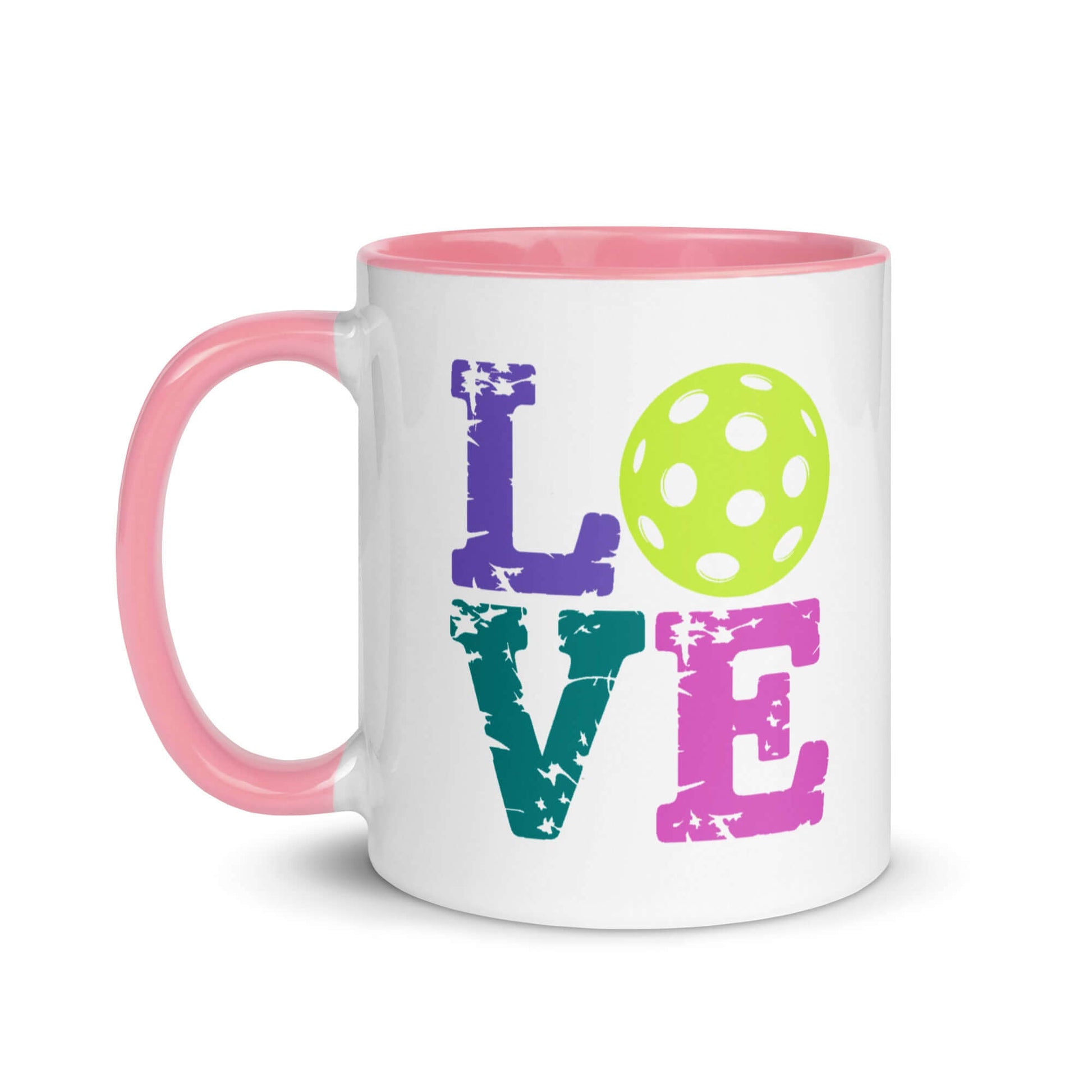 LOVE Pickleball Accent Mug with colorful letters and polka dot ball on a white background, featuring a pink handle.