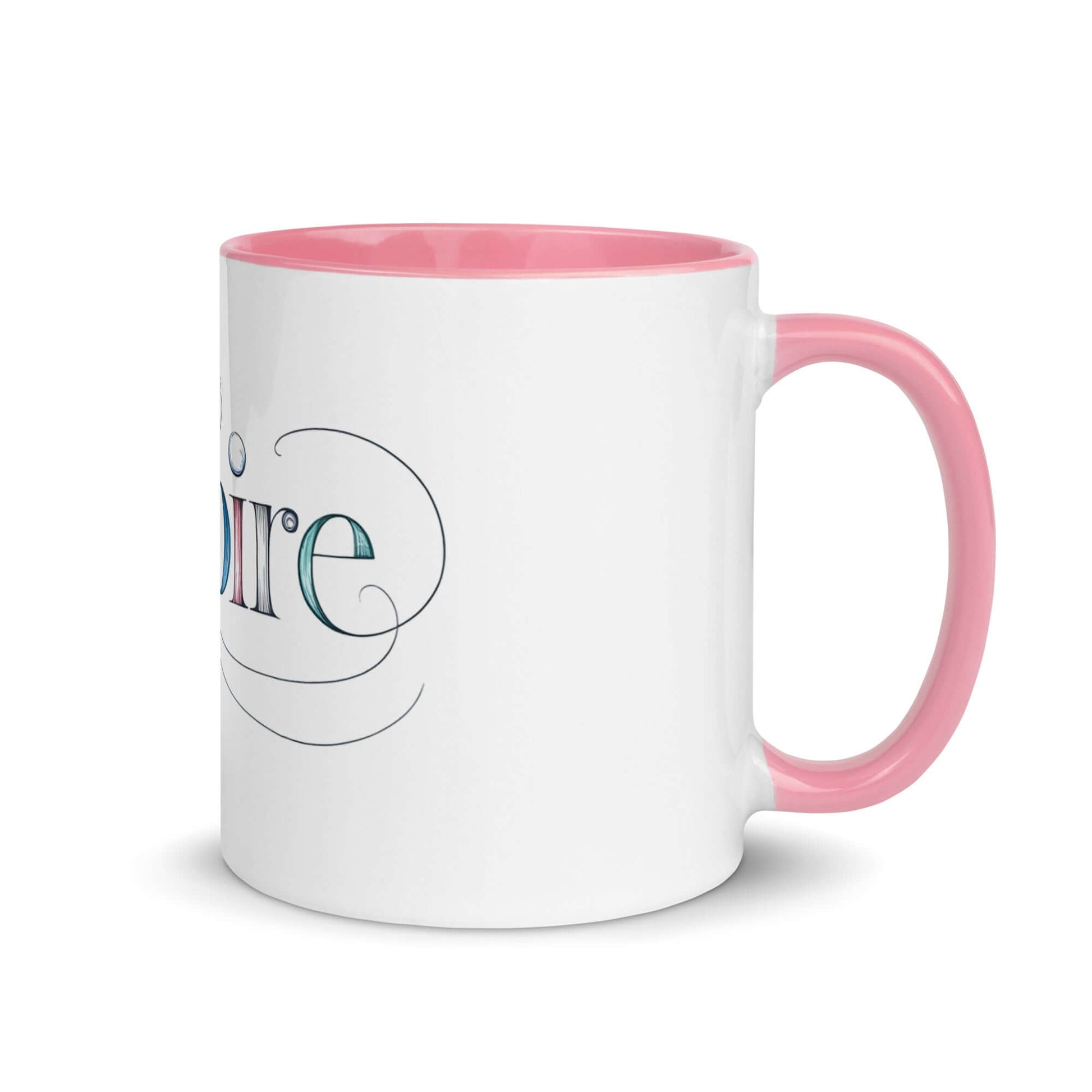 Inspire Sketch Mug with pink interior and elegant word art design, perfect for adding creativity to your mornings.