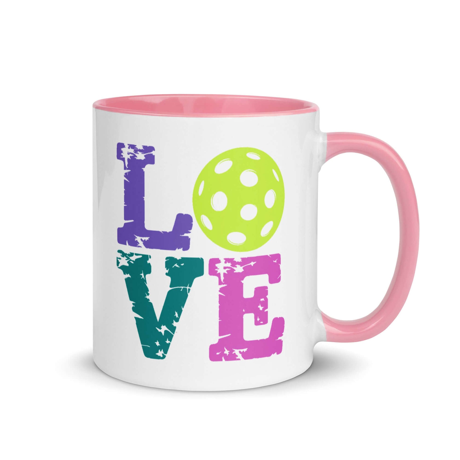 LOVE Pickleball Accent Mug with colorful letters and a green pickleball design, perfect for pickleball enthusiasts.