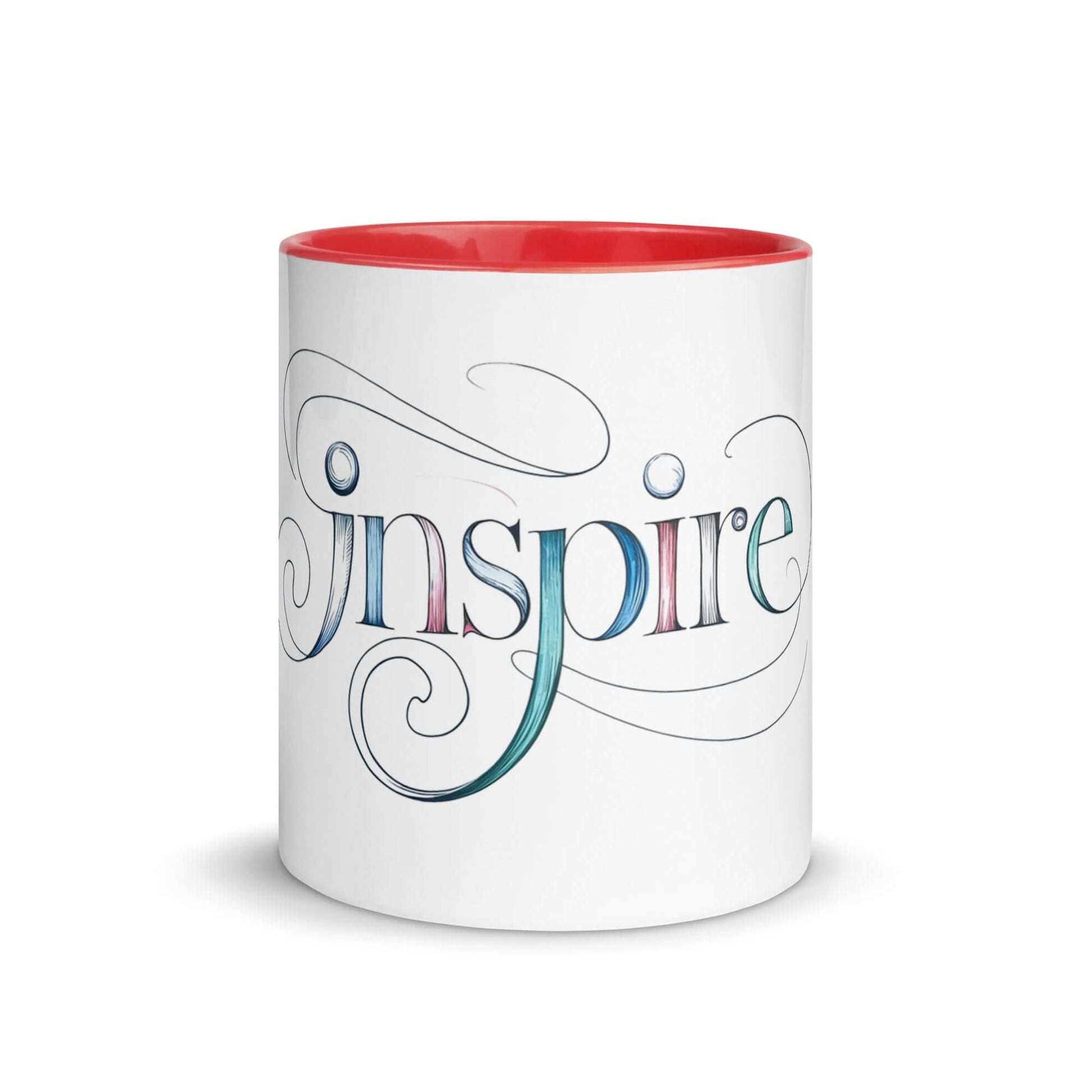 Inspire Sketch Mug with color inside, featuring elegant word art design and intricate swirls. Ideal for vibrant mornings.