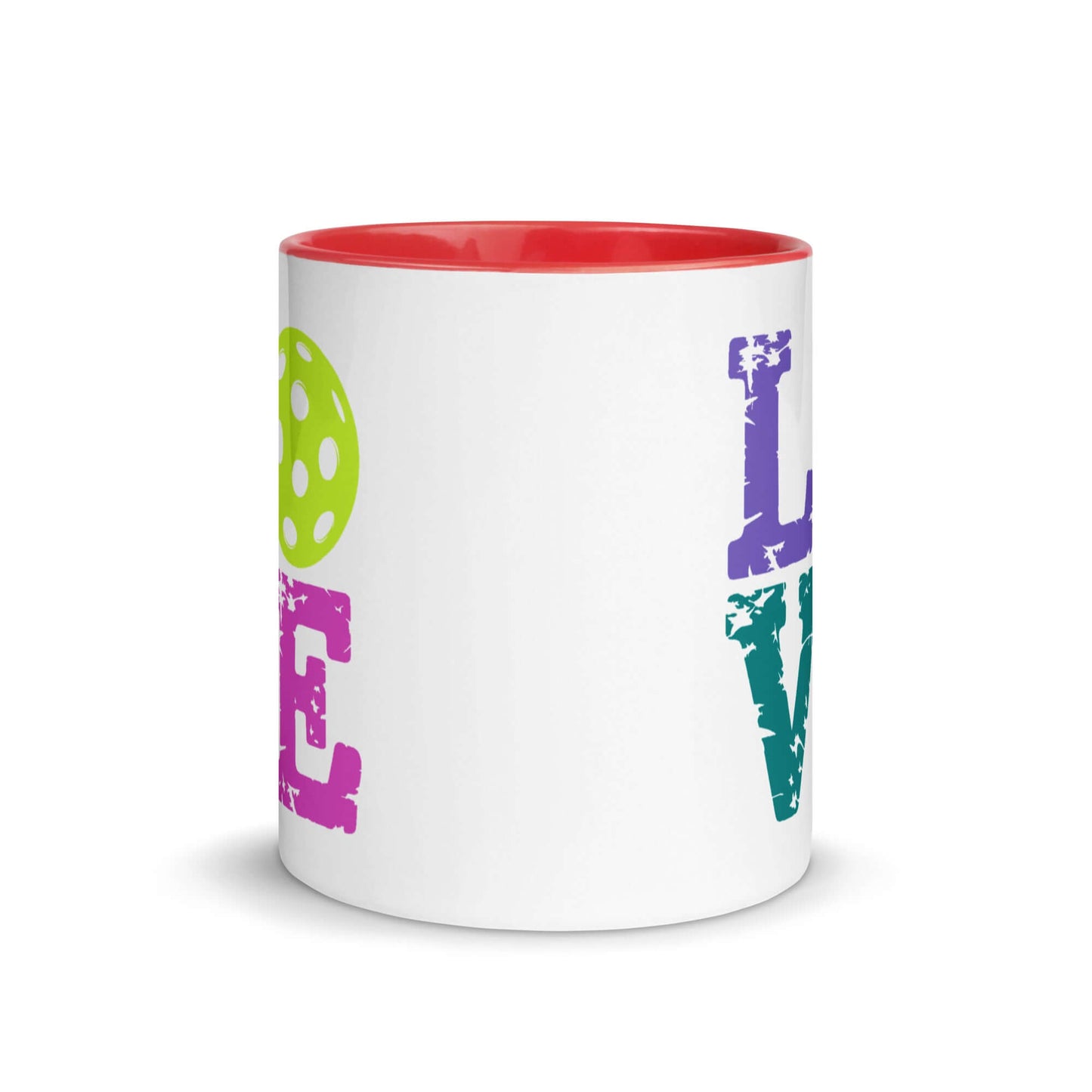 Colorful LOVE Pickleball Accent Mug with vibrant graphics and a red interior, perfect for pickleball fans.