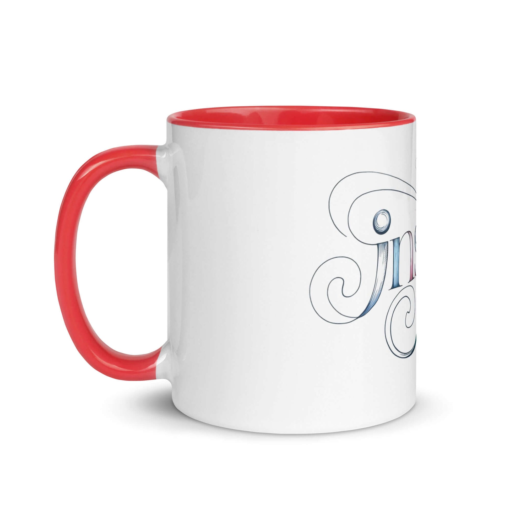 Inspire Sketch Mug with vibrant red interior and elegant word art design, perfect for creative mornings.