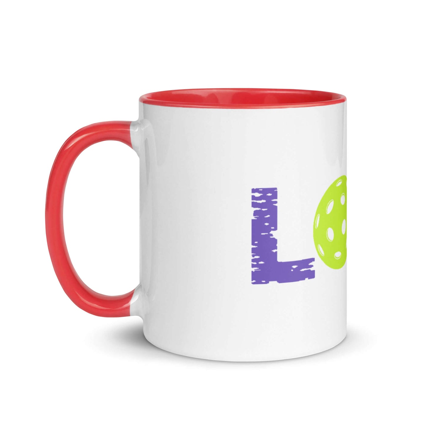 LOVE Pickleball Mug featuring colorful design and red handle, ideal for pickleball enthusiasts.