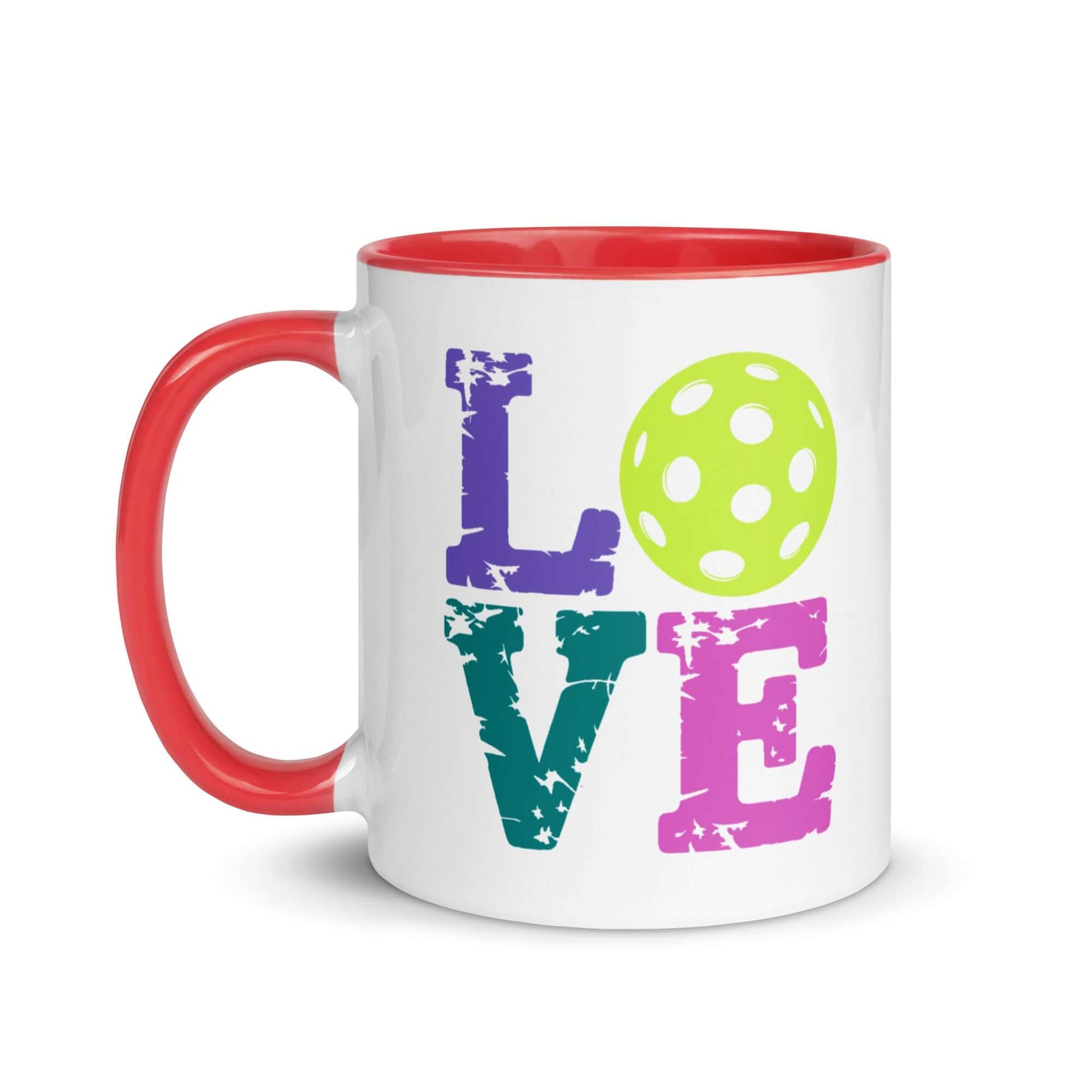 LOVE Pickleball Accent Mug with colorful letters and a pickleball graphic, perfect for enthusiasts.