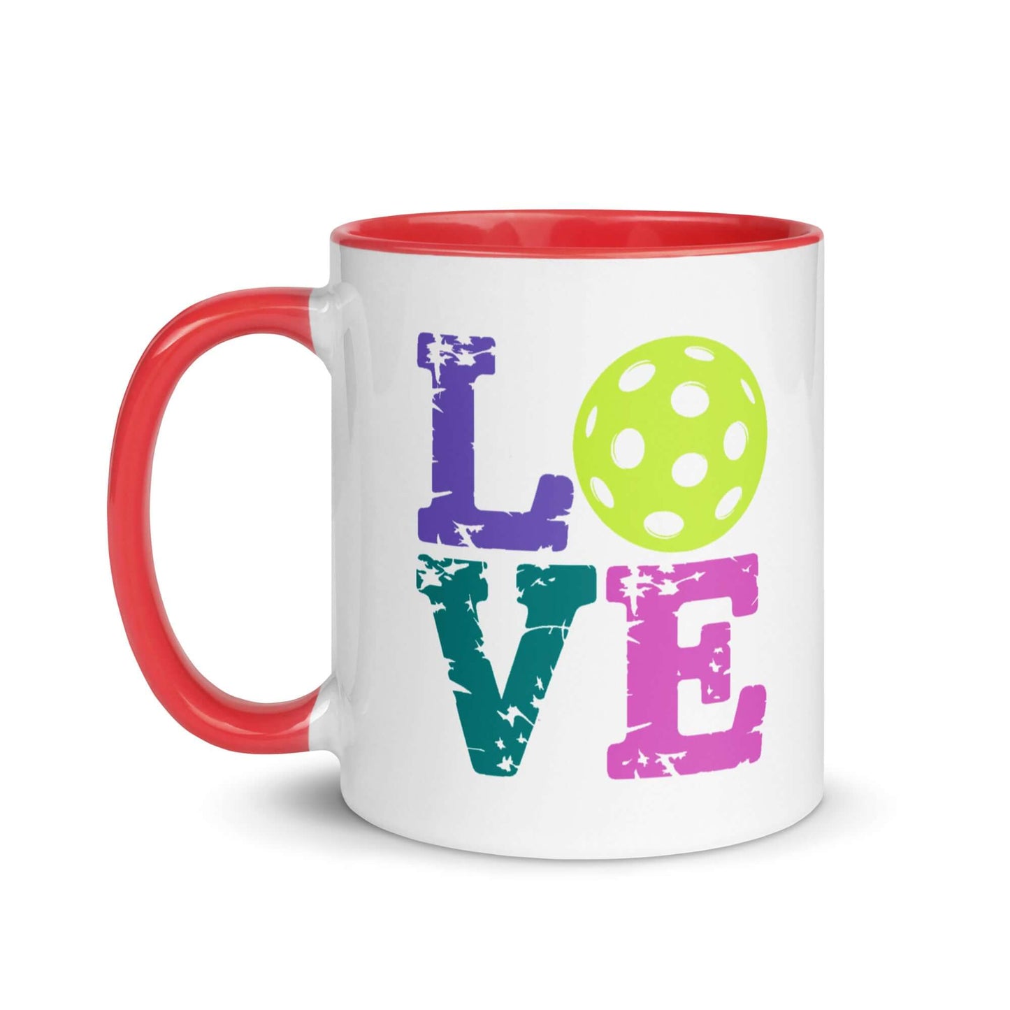 LOVE Pickleball Accent Mug with colorful letters and green pickleball design, perfect for pickleball enthusiasts.