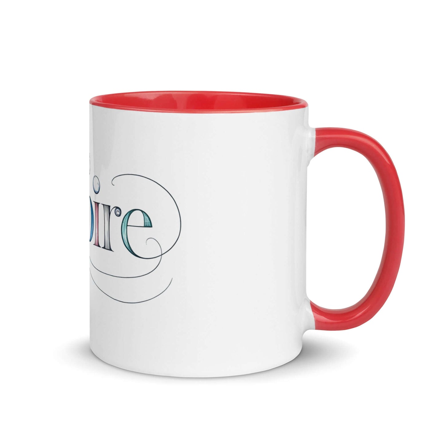 Inspire Sketch Mug with red interior, featuring elegant word art design and intricate swirls, perfect for creative mornings.