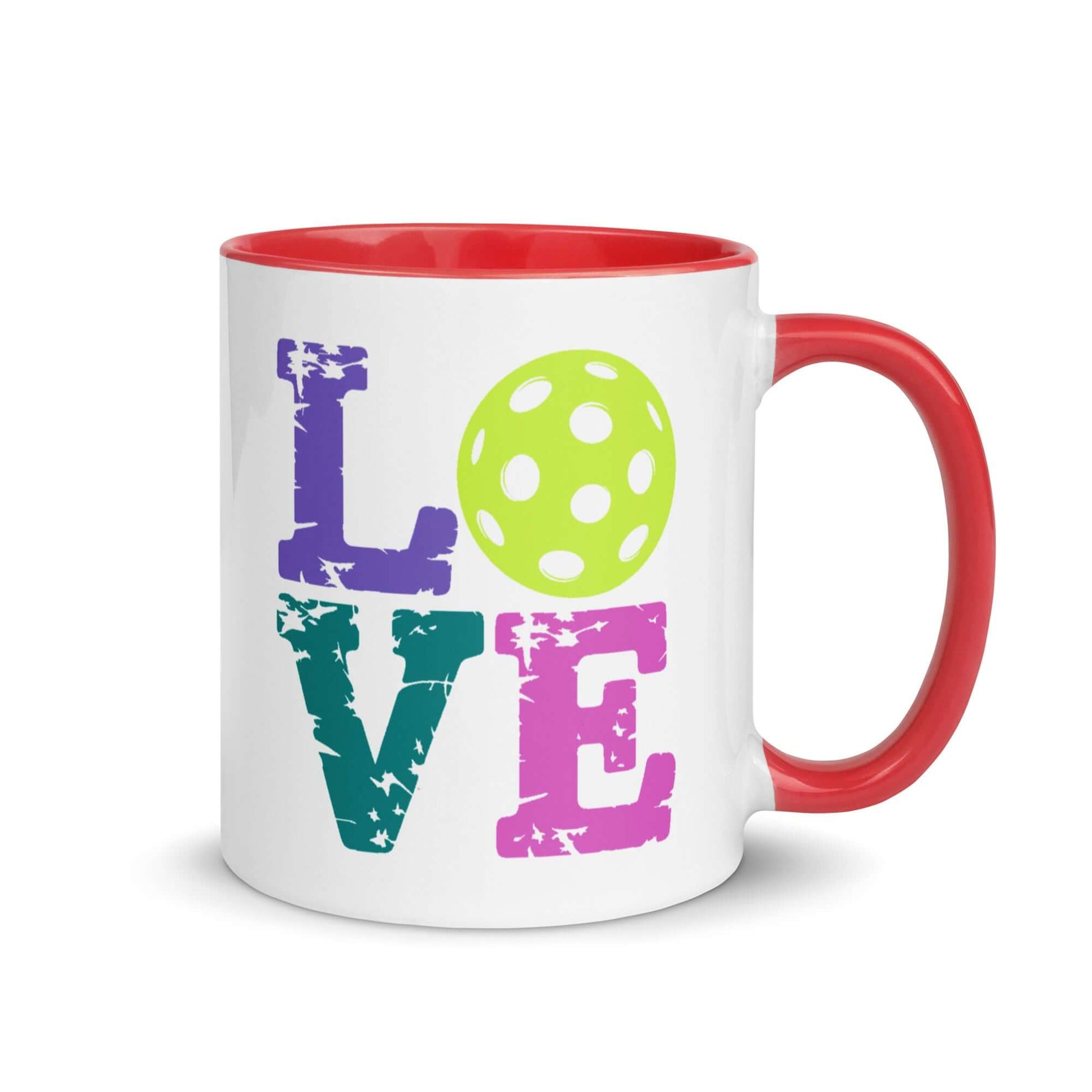 Colorful LOVE Pickleball Accent Mug with vibrant letters and a green pickleball design.