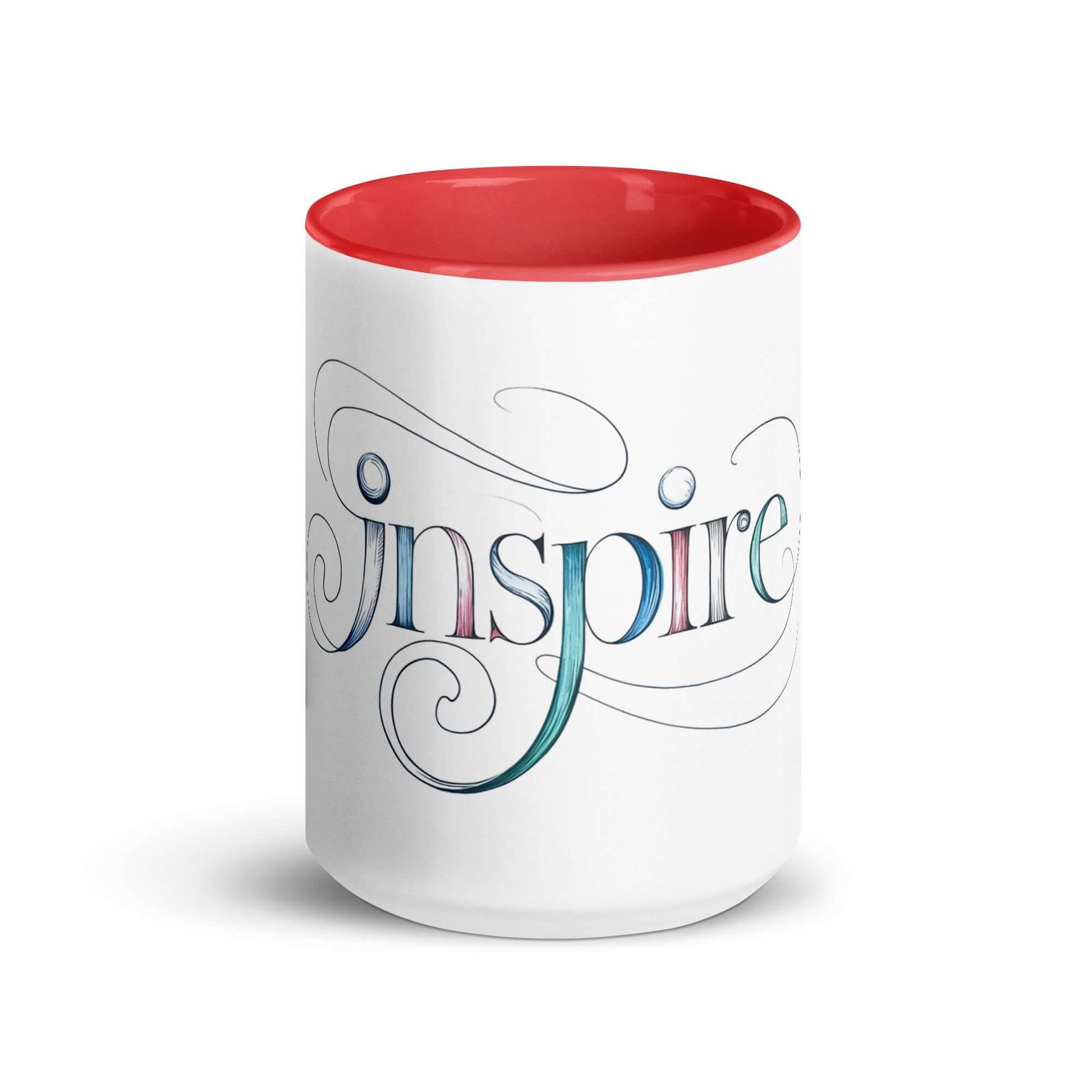 Inspire Sketch Mug with red interior, featuring elegant word art design symbolizing creativity and inspiration.