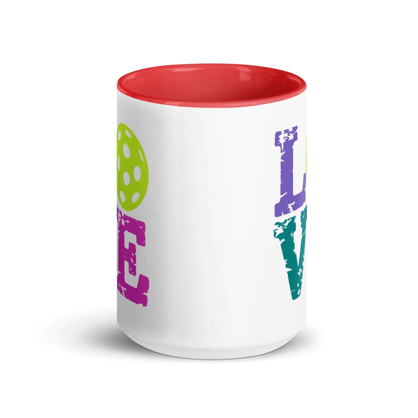 LOVE Pickleball Accent Mug with colorful design and red interior, perfect for pickleball enthusiasts.