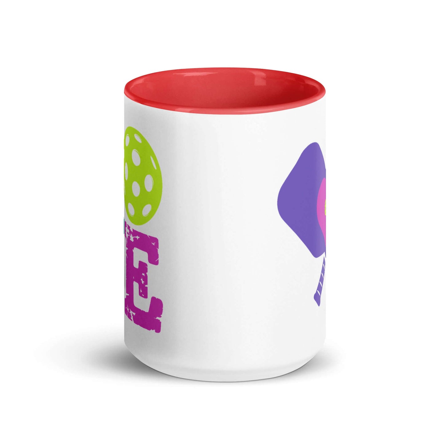 LOVE Pickleball Accent Mug with colorful design and red interior, perfect for pickleball enthusiasts.