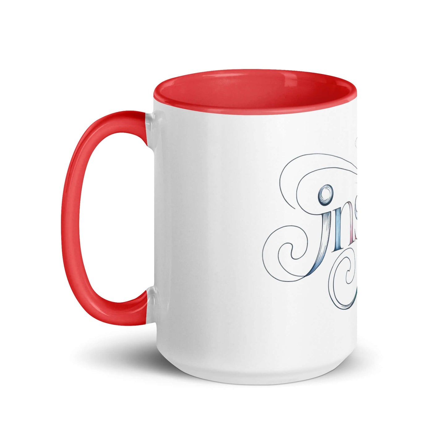 Inspire Sketch Mug with red interior, featuring elegant word art design that spells "Inspire". Perfect for creative mornings.