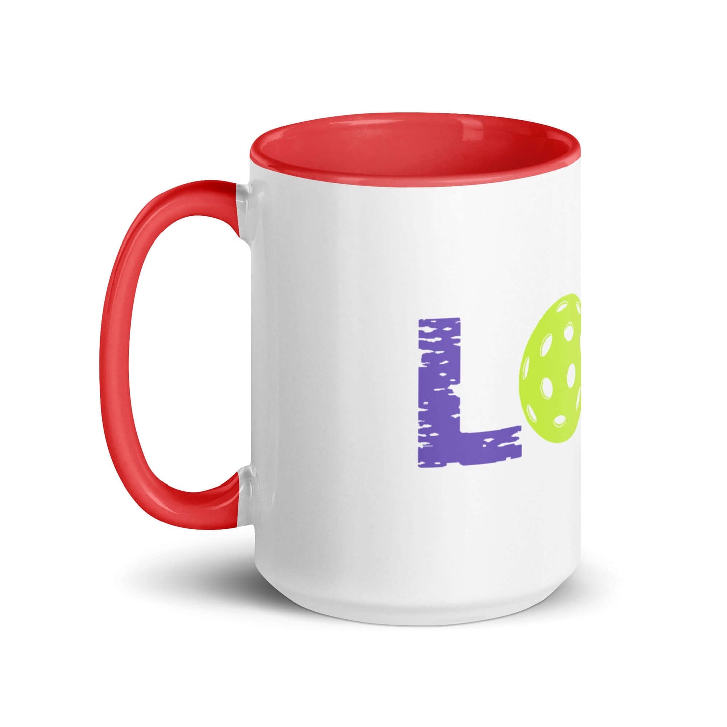 LOVE Pickleball Mug with vibrant colors and sturdy red handle for pickleball fans.