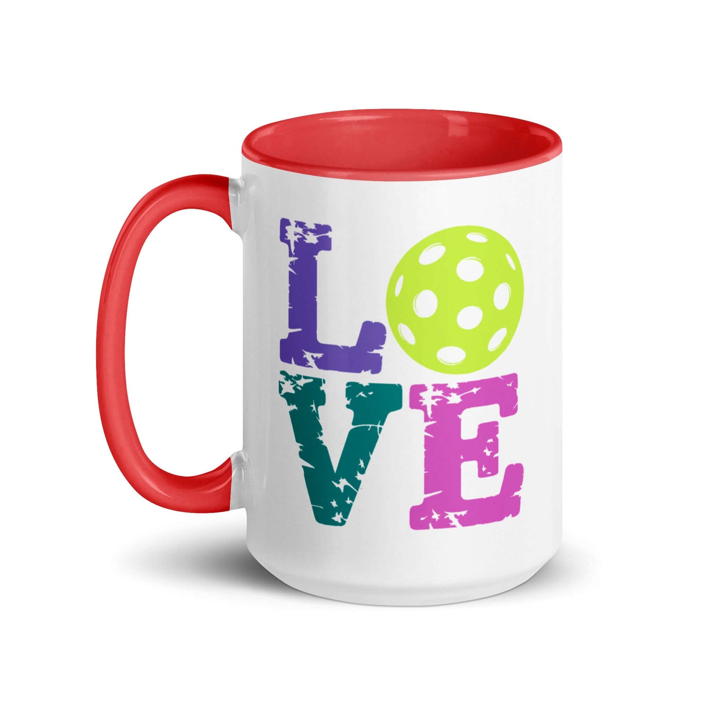 LOVE Pickleball accent mug with vibrant colors and polka dot ball design, perfect for pickleball enthusiasts.