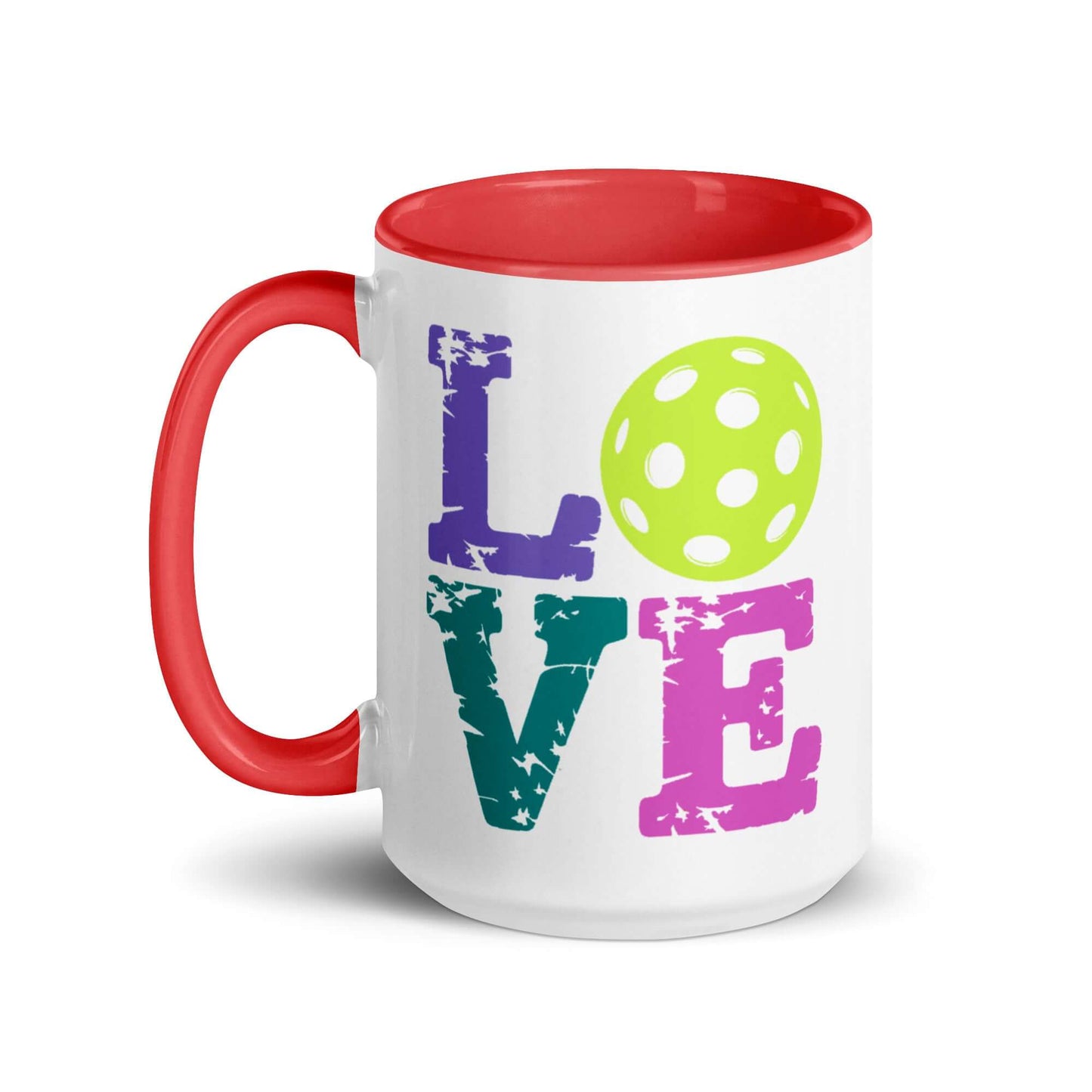 LOVE Pickleball accent mug with vibrant colors and playful design, perfect for pickleball fans.