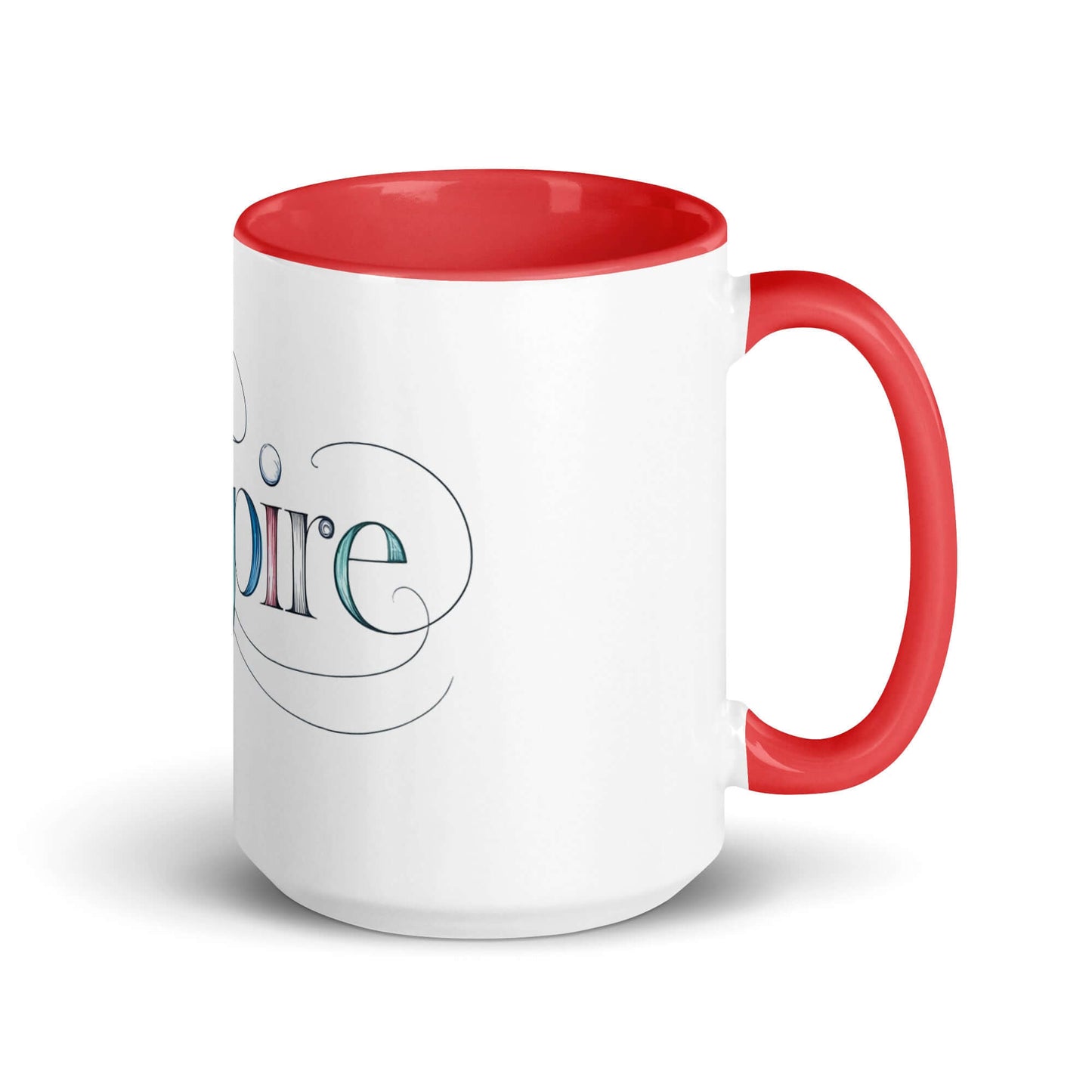 Inspire Sketch Mug with vibrant red interior and elegant word art design, perfect for brightening mornings.